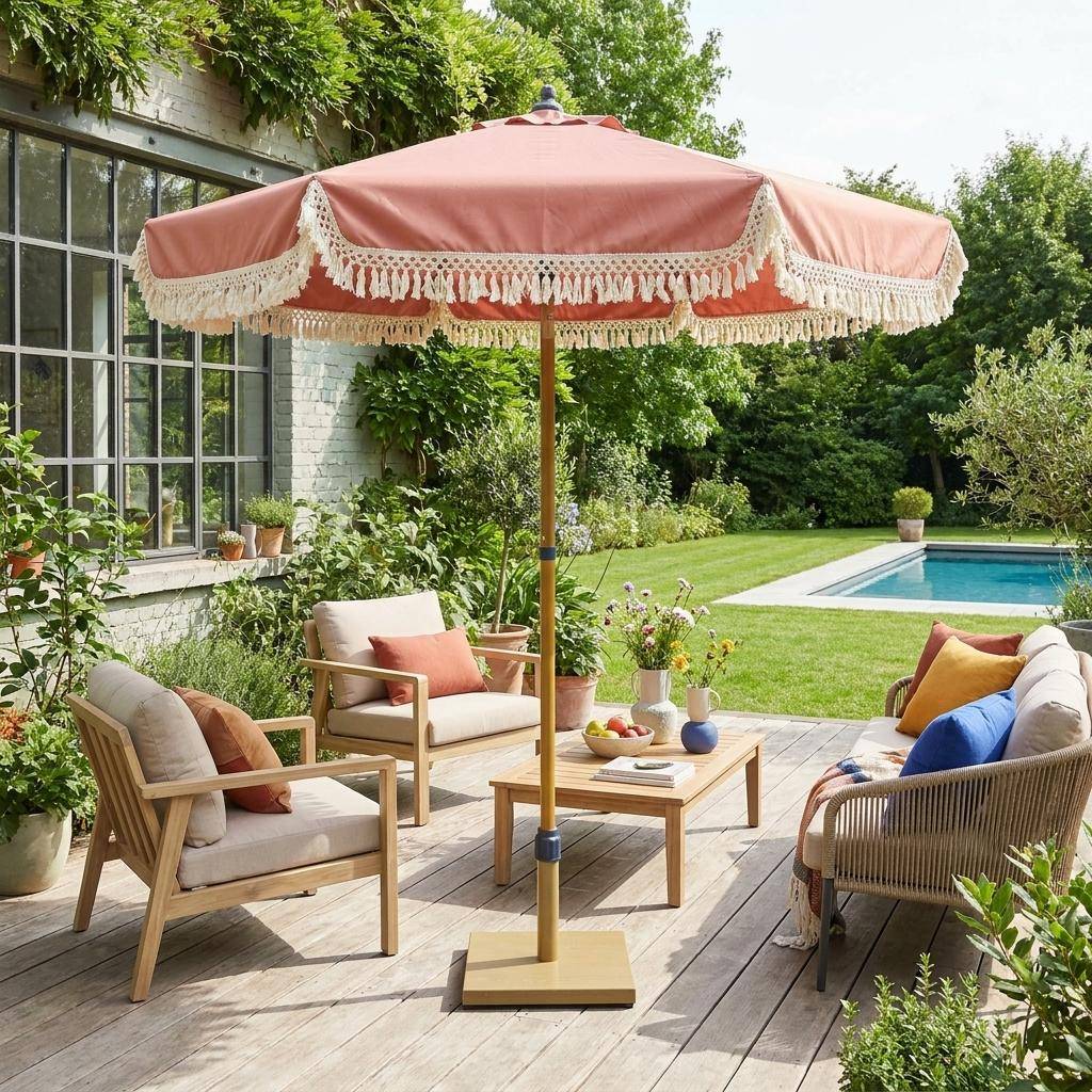 Parasol met franjes 2m staal terracotta| sweeek