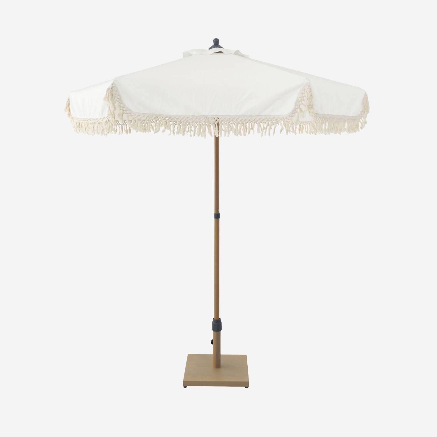Parasol droit à franges 2m, beige, acier, mât effet bois