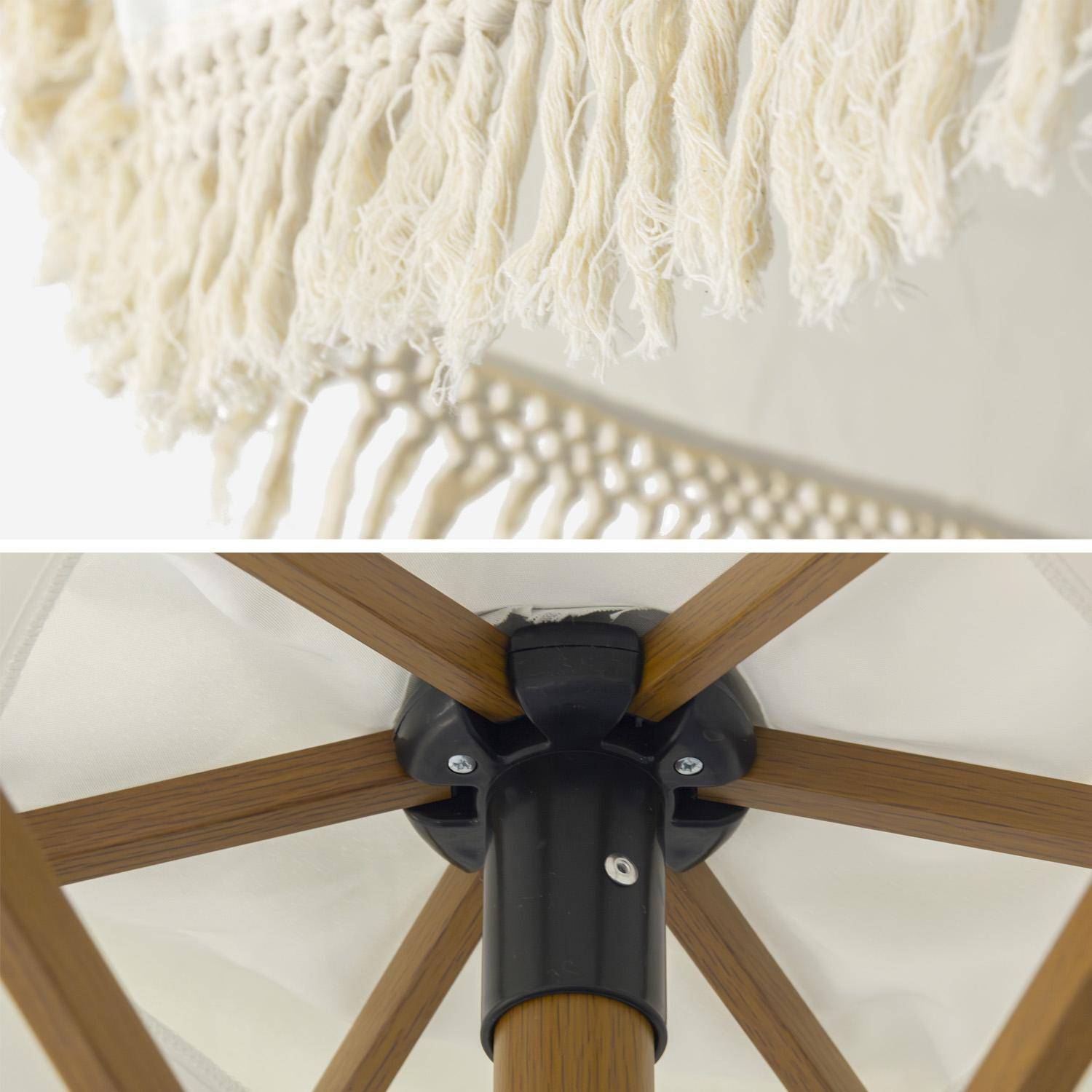 Parasol HOSSEGOR droit à franges 2m, beige, acier, mât effet bois, UPF 30+, D 200 x H 225 cm,sweeek,Photo9
