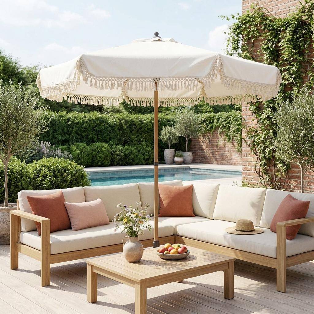 Parasol HOSSEGOR droit à franges 2m, beige, acier, mât effet bois, UPF 30+, D 200 x H 225 cm,sweeek,Photo1