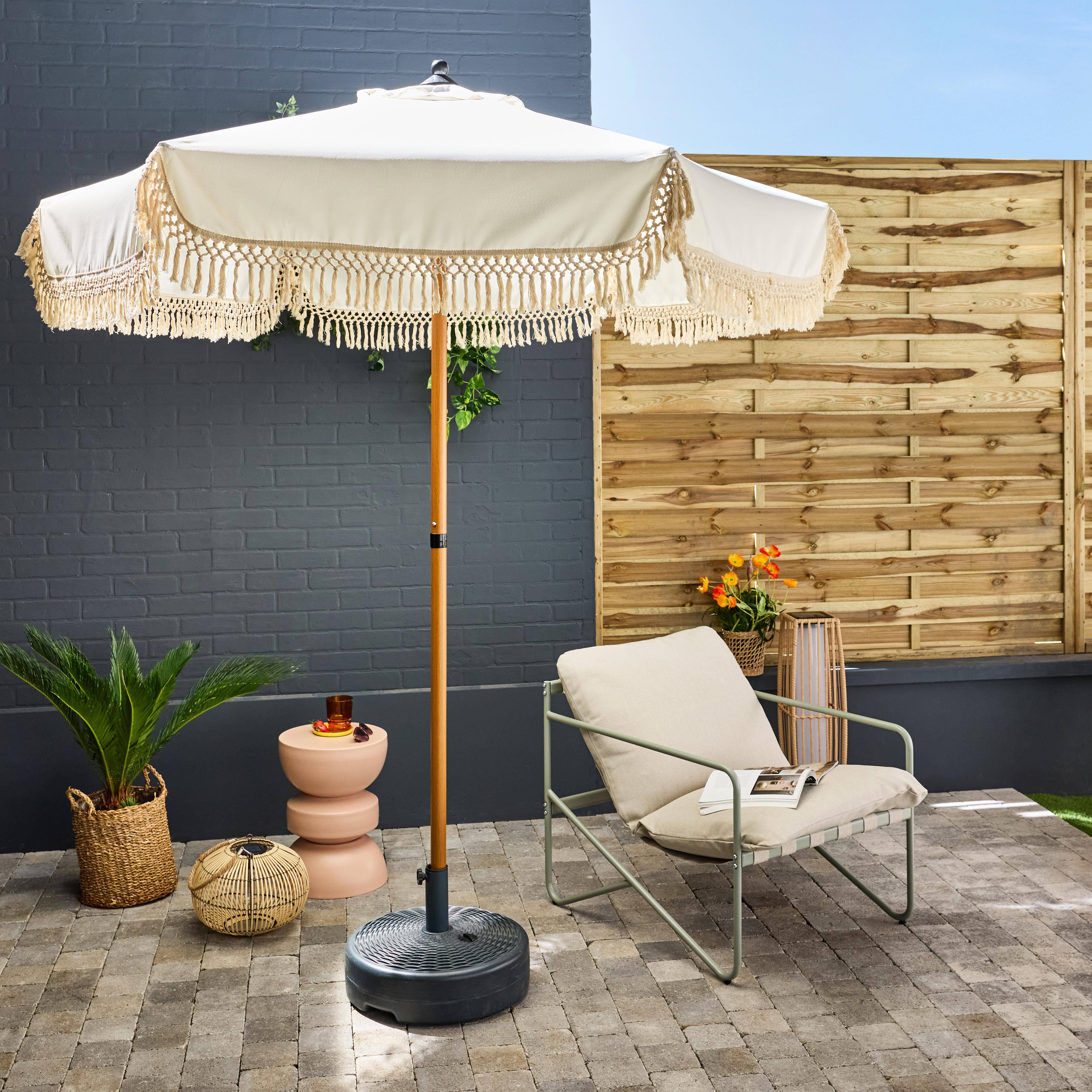 Parasol HOSSEGOR droit à franges 2m, beige, acier, mât effet bois, UPF 30+, D 200 x H 225 cm,sweeek,Photo2