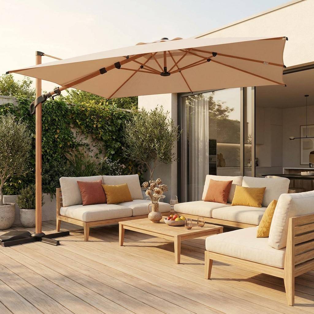 Vierkante parasol Etretat beige 3x3m, mast met houtlook Photo1