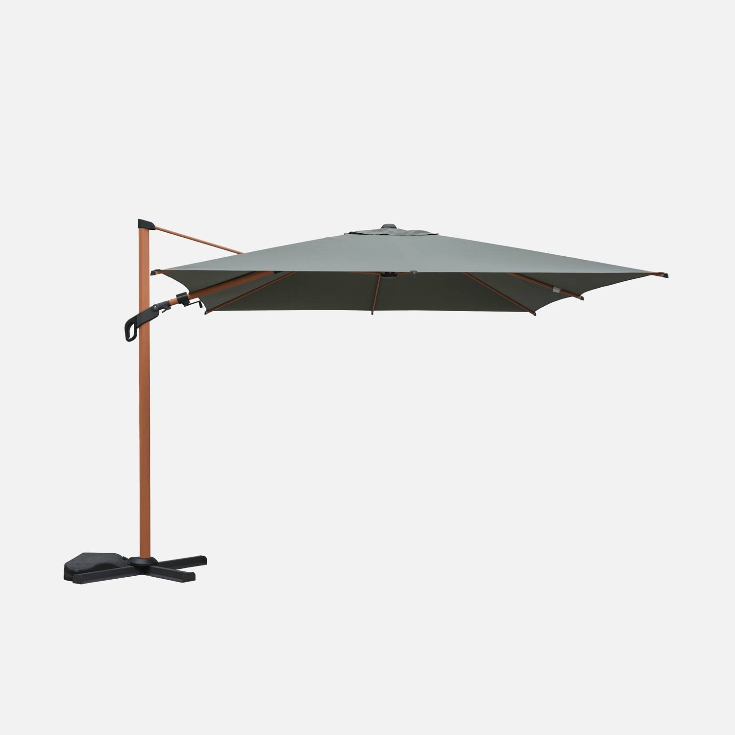 Parasol déporté carré kaki 3x3m, mât effet bois