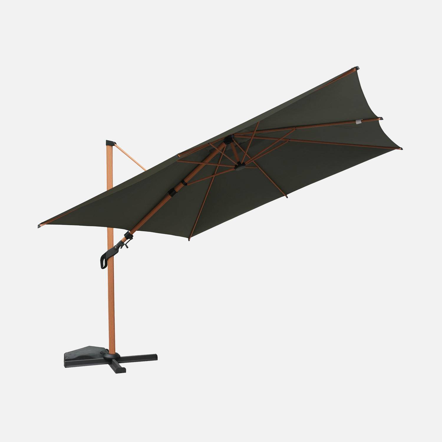 Parasol decentrato 3x4m rettangolare, palo effetto legno, Etretat, Verde kaki, 392x304x265 cm Photo2