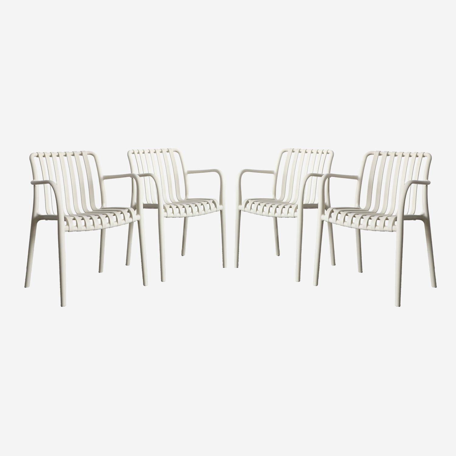 Set of 4 beige plastic garden armchairs, stackable, linear design Photo3