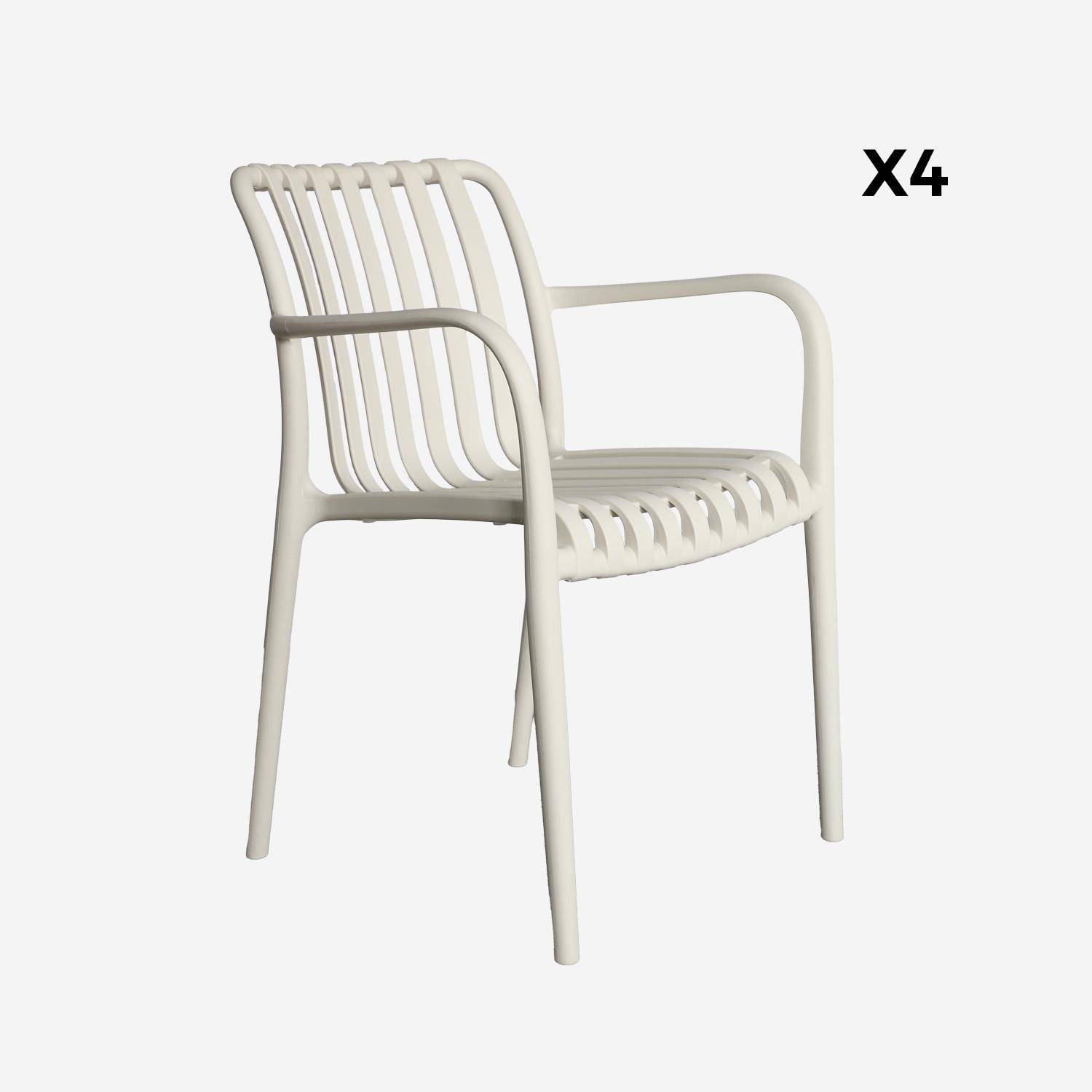 Set van 4 beige kunststof tuinstoelen, stapelbaar, lineair ontwerp Photo5