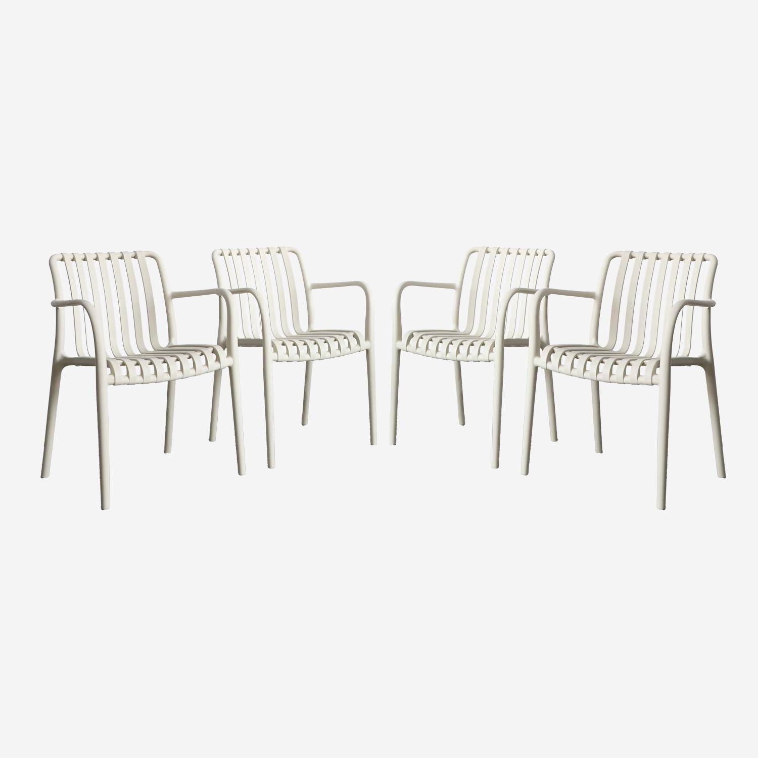 Set van 4 beige kunststof tuinstoelen, stapelbaar, lineair ontwerp Photo3