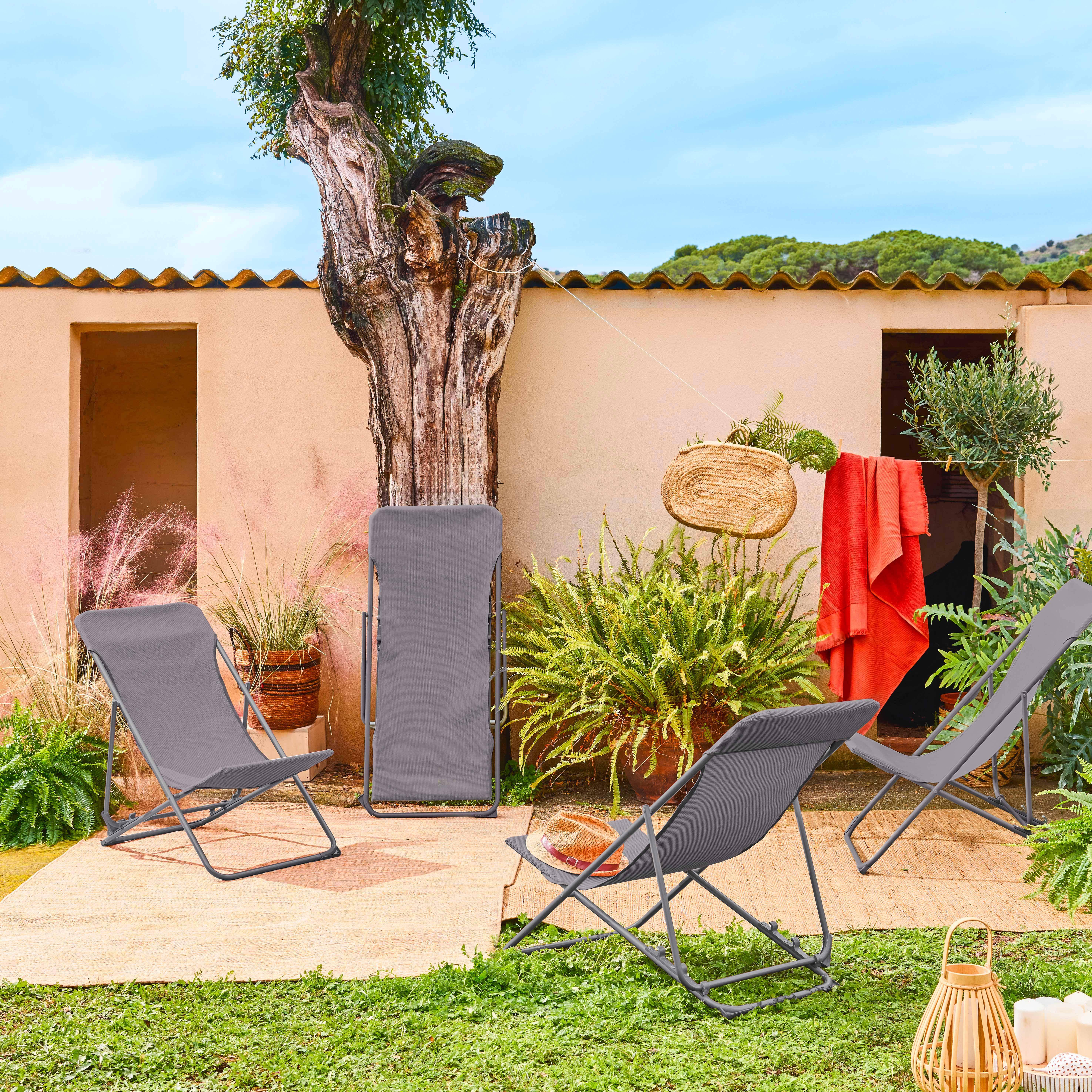 Set of 4 textilene folding sun loungers of aluminum, Livorno, Anthracite, 83x88x95 cm Photo1