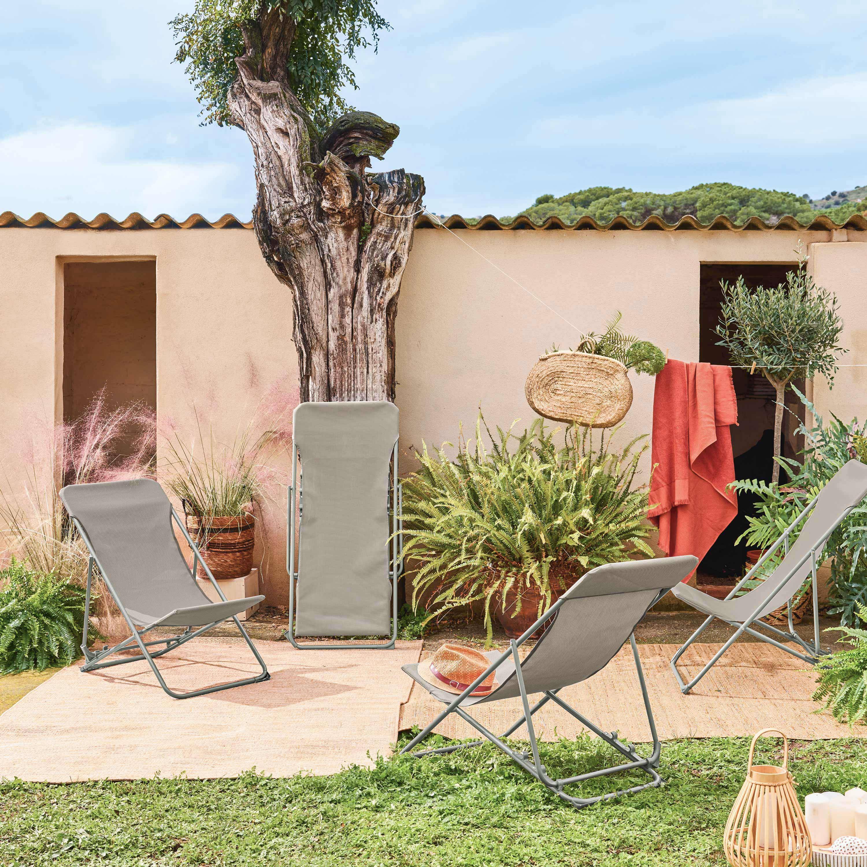 Set of 4 textilene folding sun loungers of steel, Livorno, Khaki Green, 83x88x95 cm,sweeek,Photo1