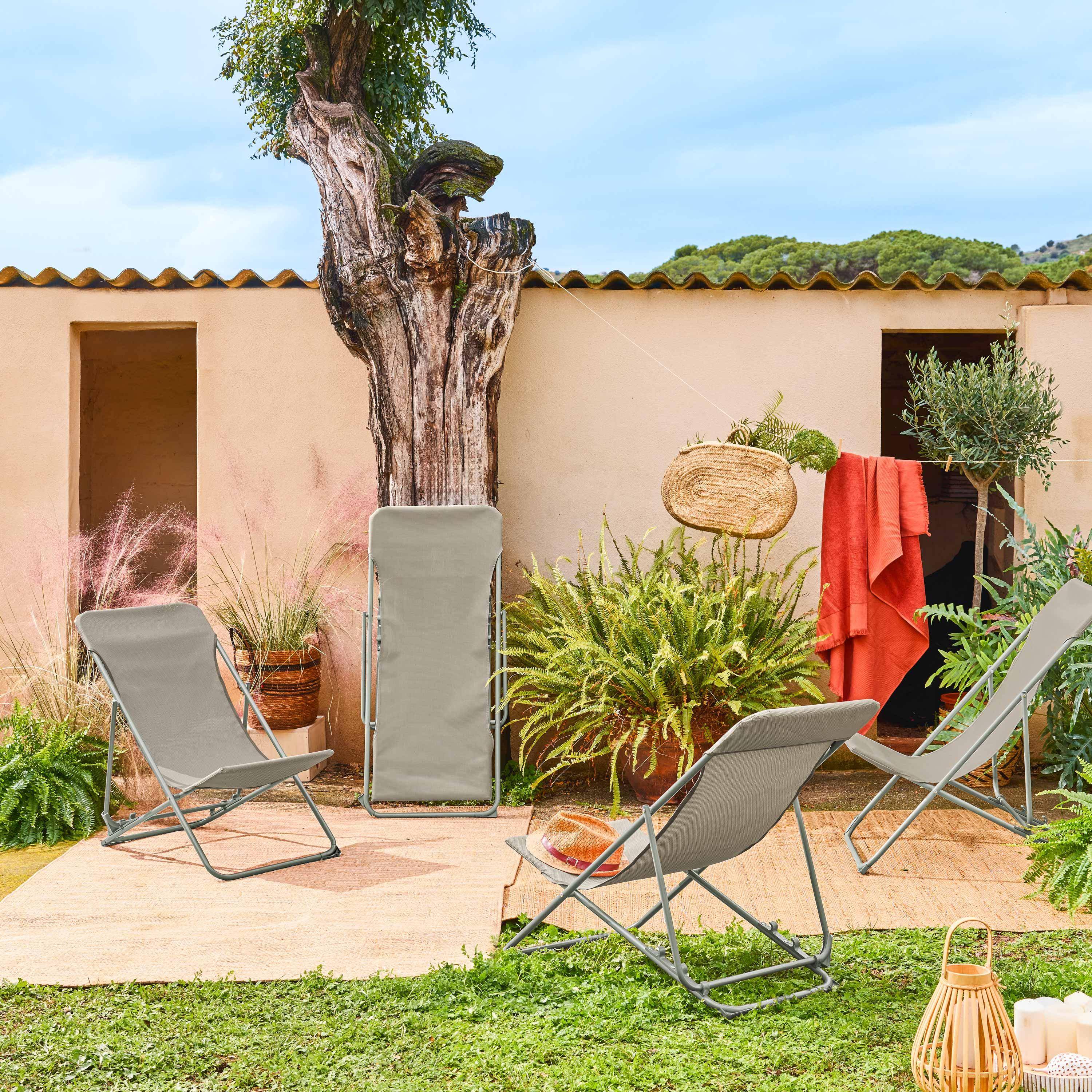 Set of 4 textilene folding sun loungers of aluminum, Livorno, Khaki Green, 83x88x95 cm Photo1