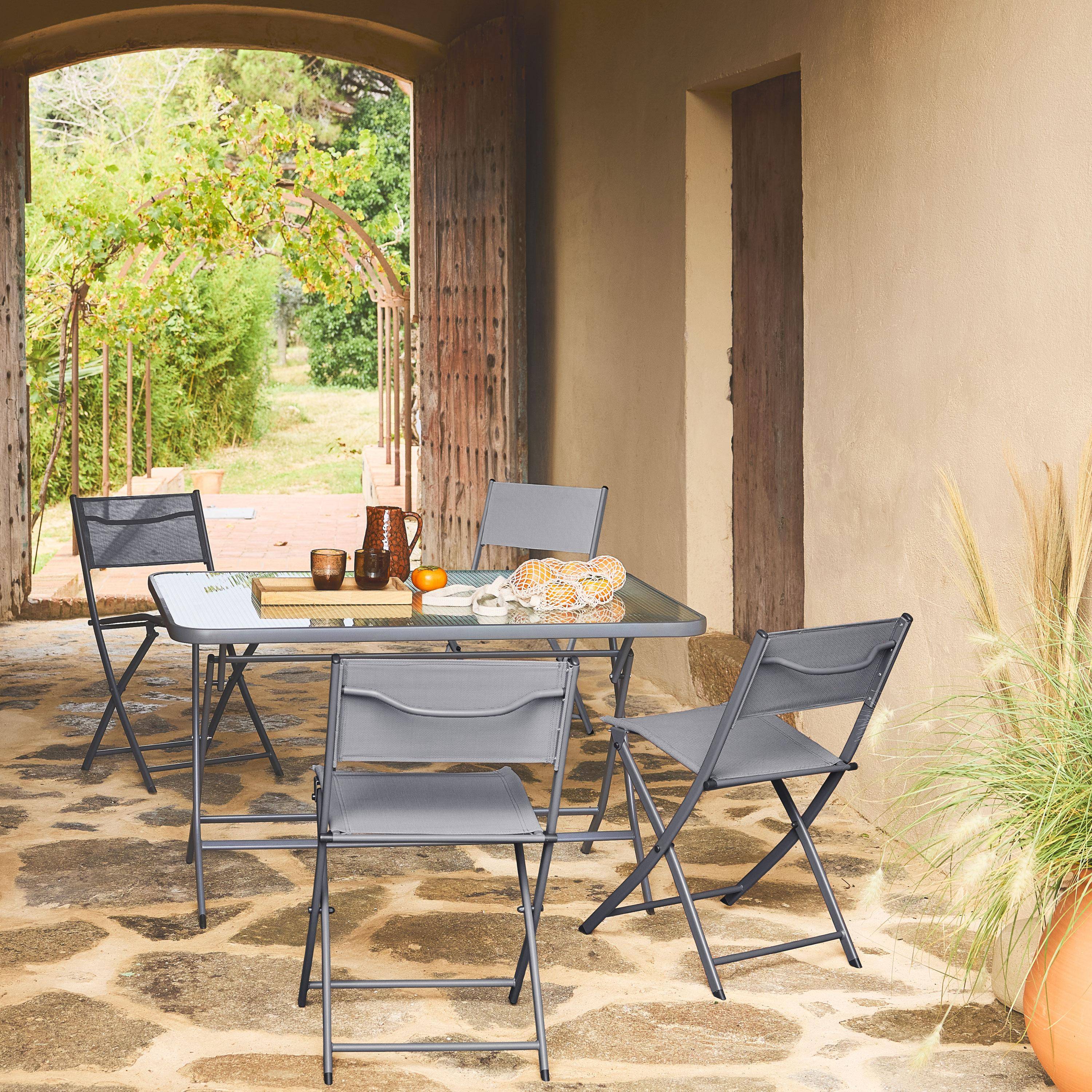 Folding steel garden table + 4 seats anthracite | sweeek
