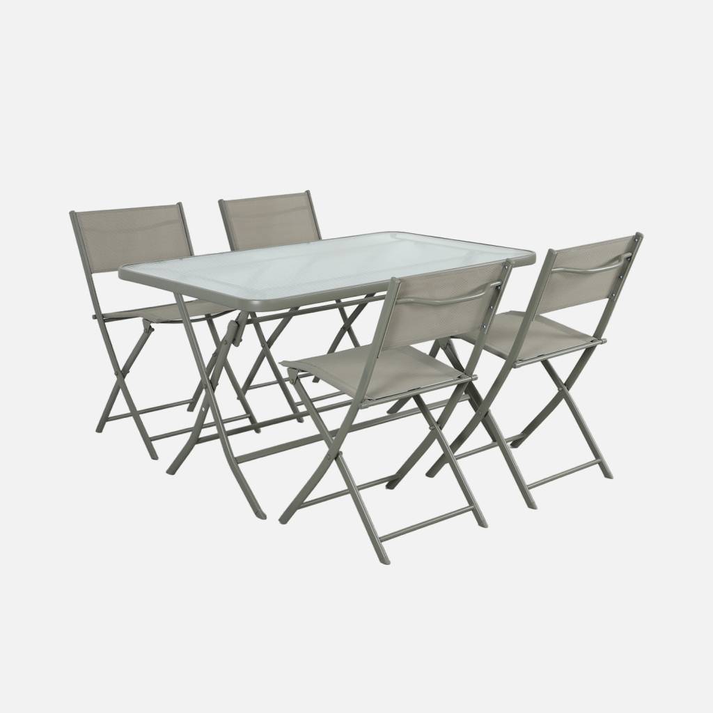 Mesa de jardim dobrável em aço + 4 assentos cáqui