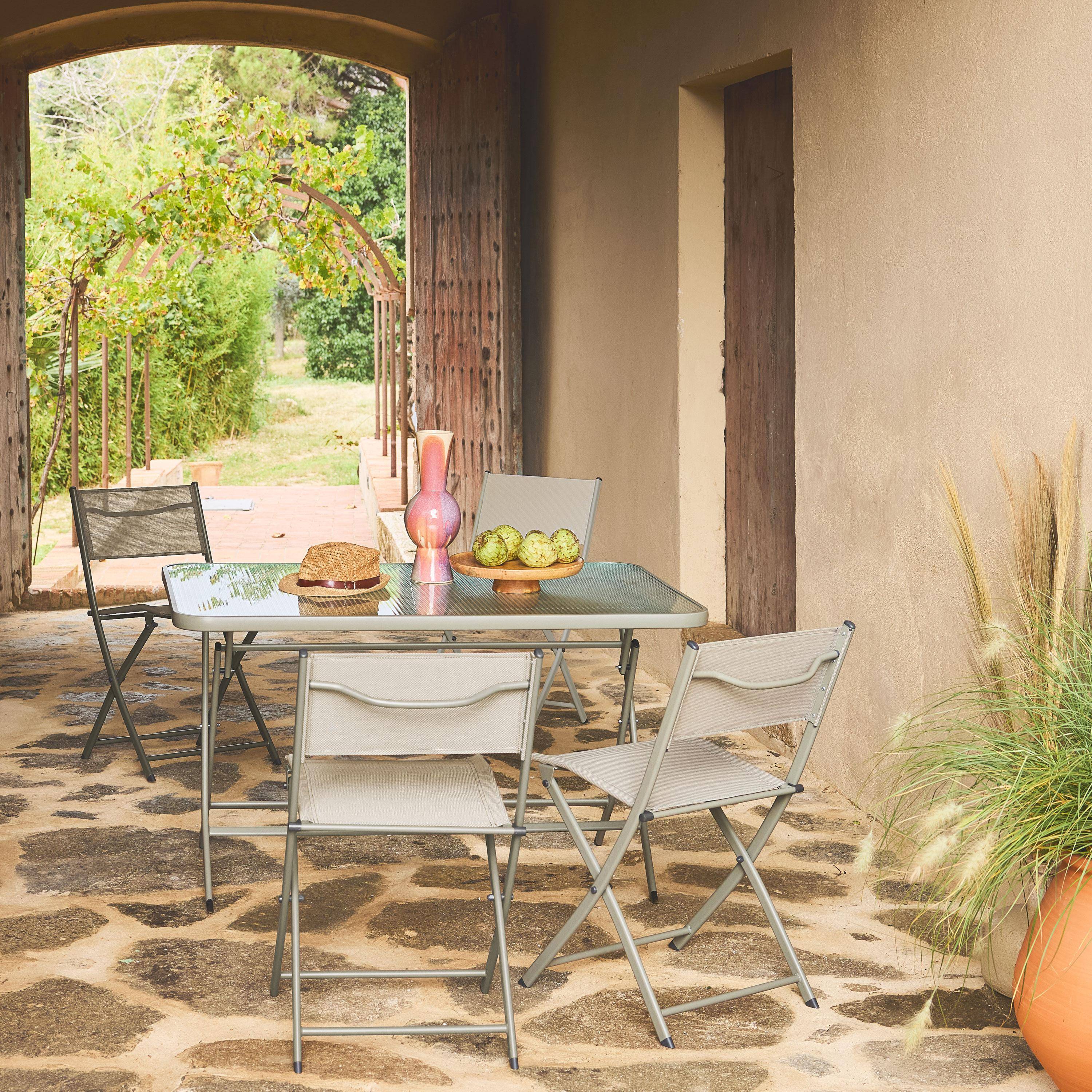 Mesa de jardín plegable de acero + 4 asientos de textileno caqui - Ancona Photo1