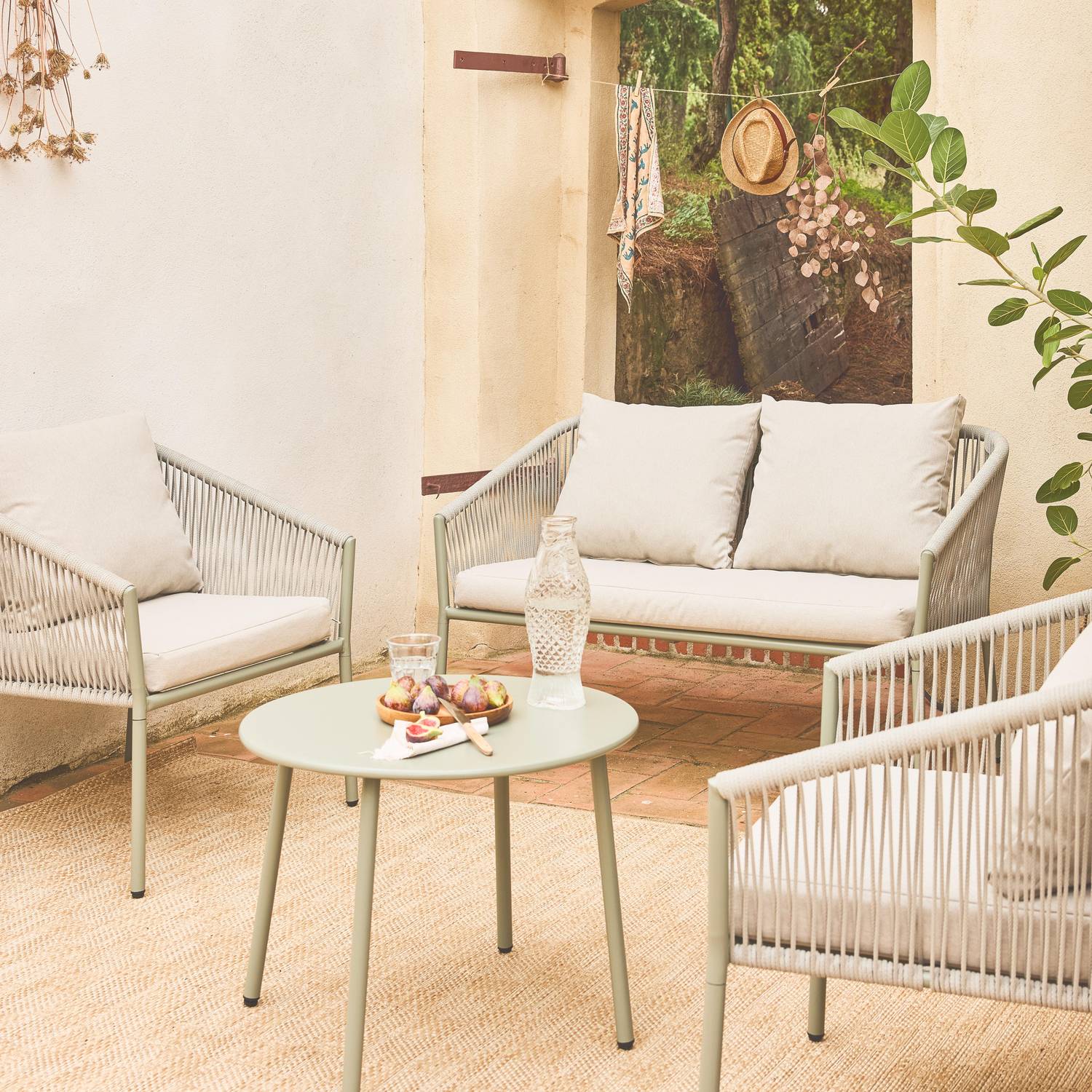 Alice's Garden Gartenlounge aus Metall und Textilene für 4 Personen, Weiß und Natur, modern