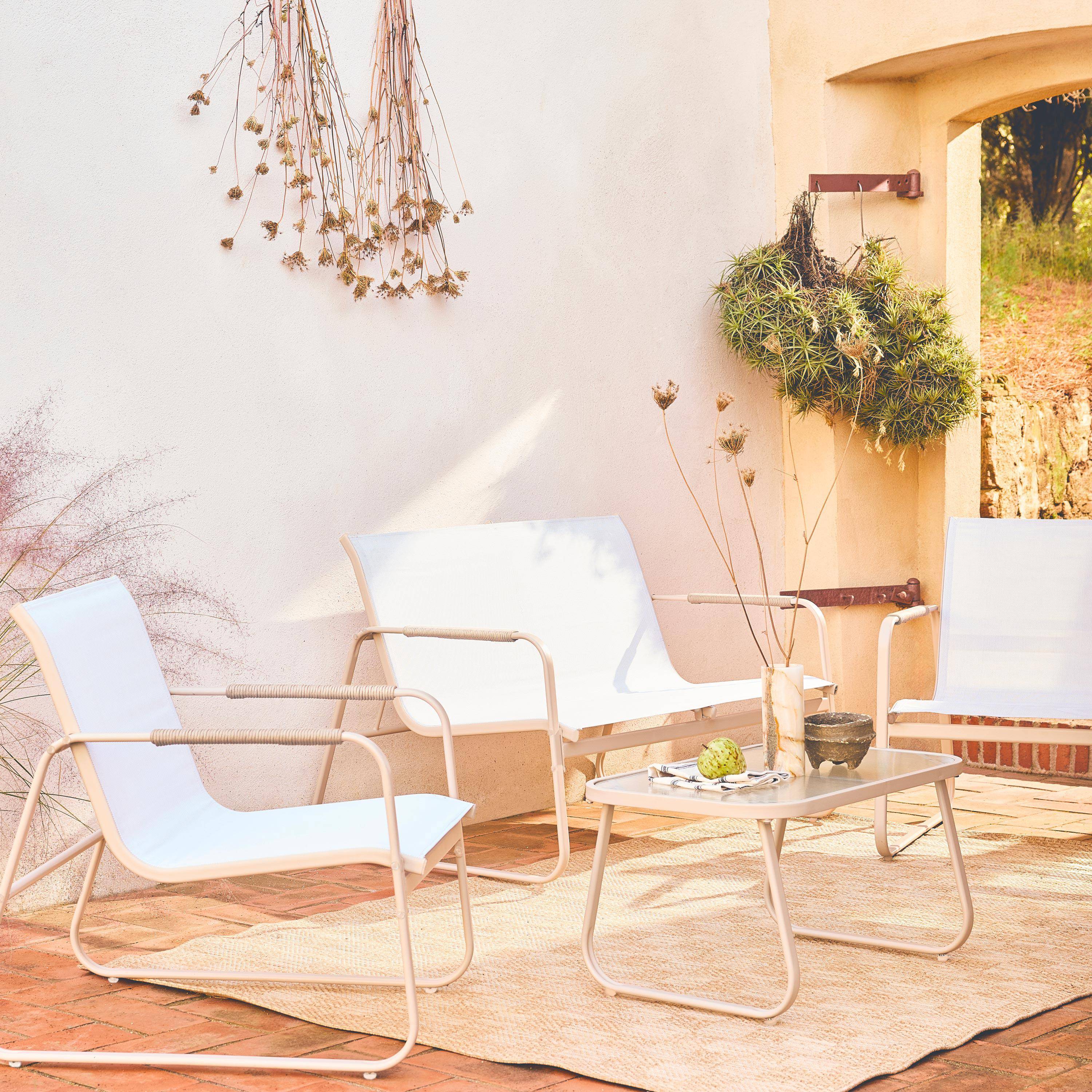 Gartenlounge-Set weiß Aluminium, 4 Plätze, ein Sofa, 2 Sessel aus Textilene, ein Tisch - Noto Photo1