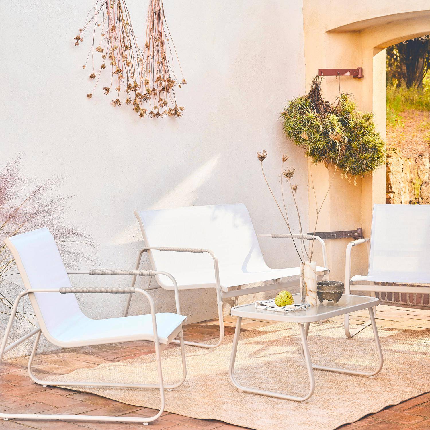 Gartenlounge-Set weiß Stahl, 4 Plätze