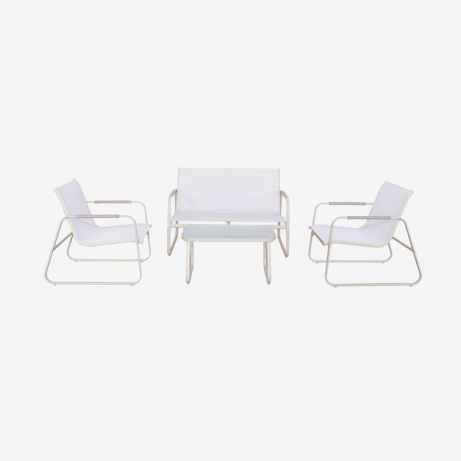 Gartenlounge-Set weiß Aluminium, 4 Plätze, ein Sofa, 2 Sessel aus Textilene, ein Tisch - Noto,sweeek,Photo8