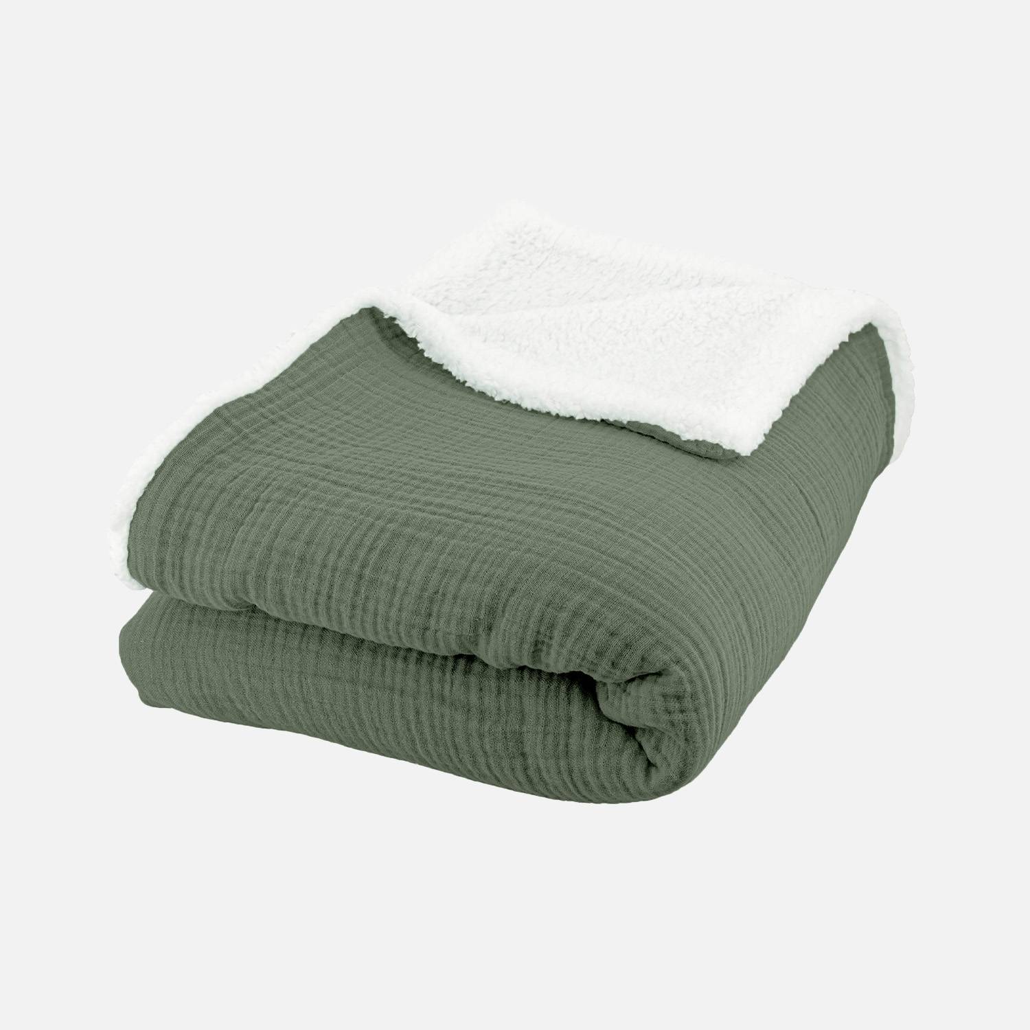Plaid sherpa et gaze de coton 130 x 170 cm kaki