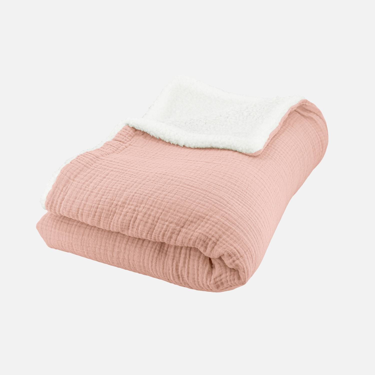 Plaid sherpa et gaze de coton 130 x 170 cm pêche