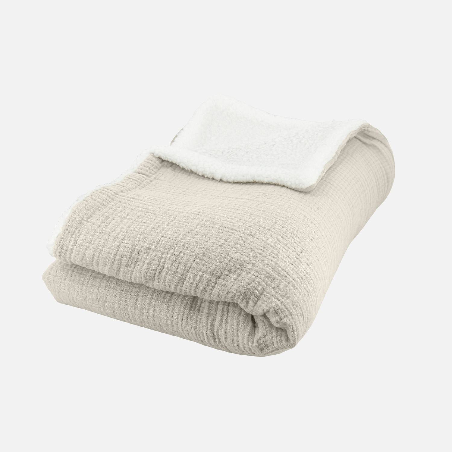 Plaid sherpa et gaze de coton 130 x 170 cm galet
