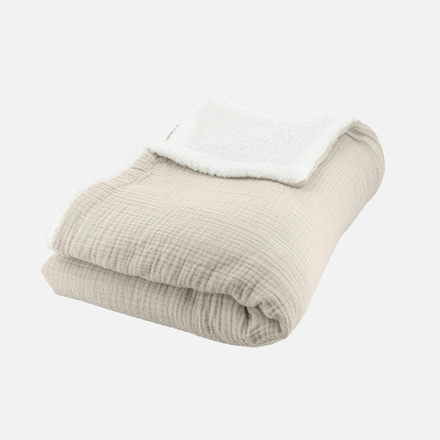 Plaid sherpa et gaze de coton 130 x 170 cm galet, ALIX, bi-matière,sweeek,Photo4