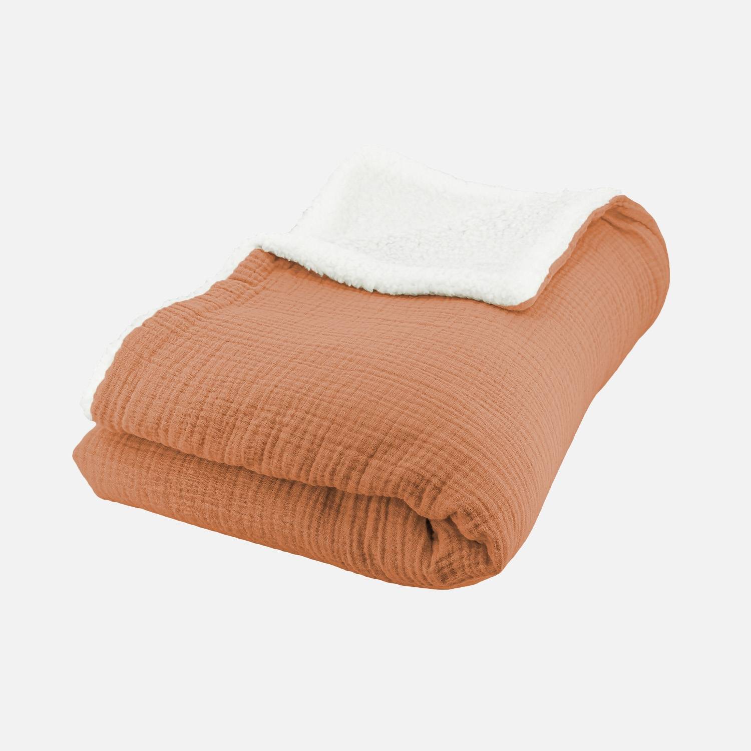 Plaid sherpa et gaze de coton 130 x 170 cm caramel