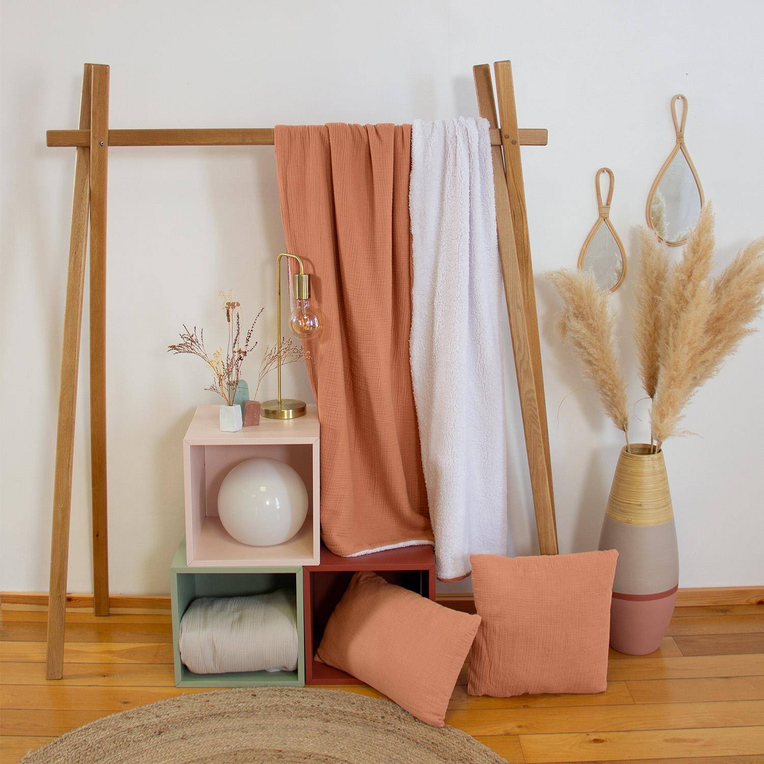 Plaid sherpa et gaze de coton 130 x 170 cm caramel, ALIX, bi-matière Photo1