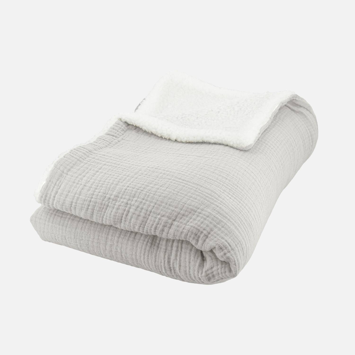 Plaid sherpa et gaze de coton 130 x 170 cm gris