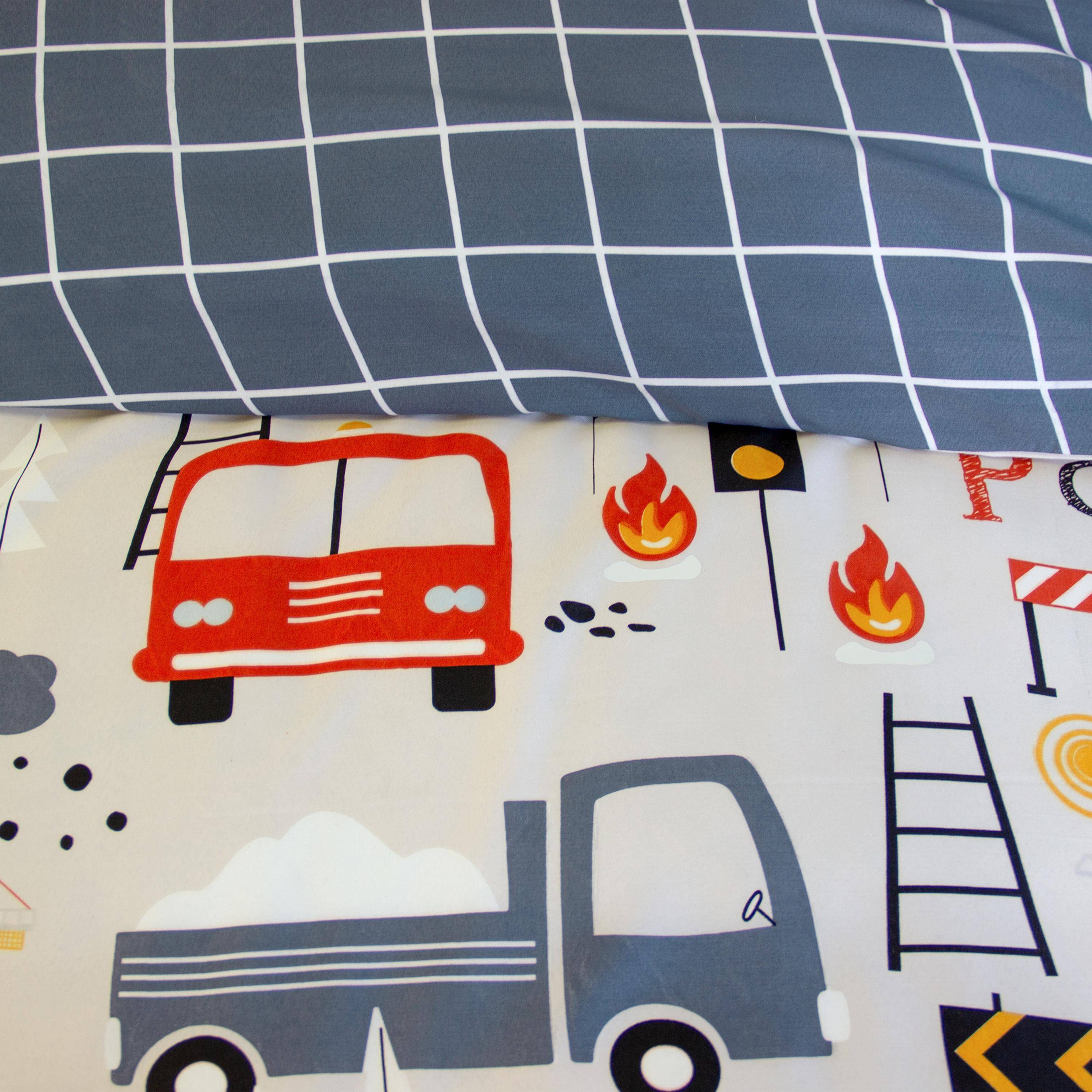 Omkeerbaar dekbedovertrekset PINPON 1-persoons bedrukt brandweer thema in microvezel, 140 x 200 cm, 1 dekbedovertrek, 1 kussensloop Photo4