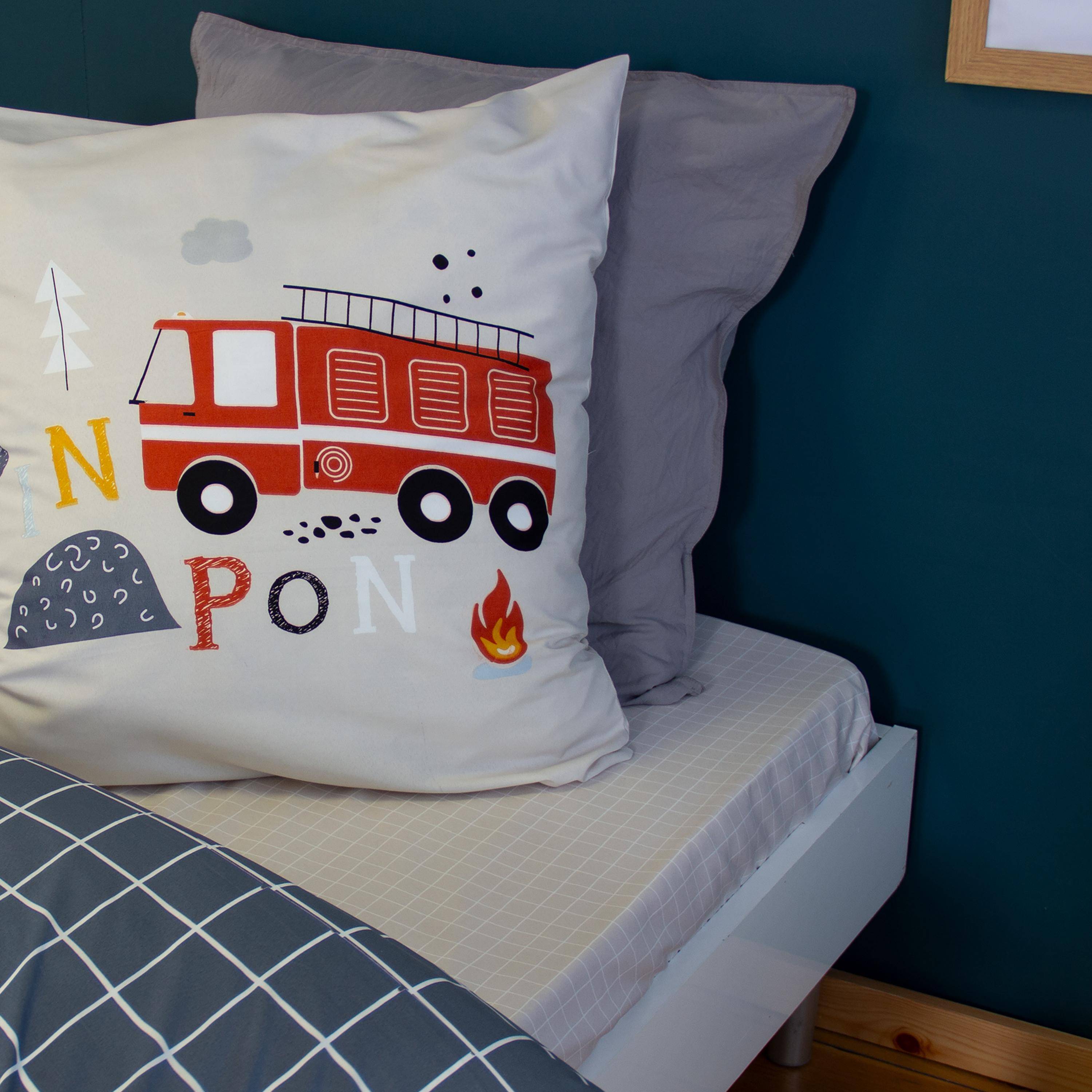Omkeerbaar dekbedovertrekset PINPON 1-persoons bedrukt brandweer thema in microvezel, 140 x 200 cm, 1 dekbedovertrek, 1 kussensloop,sweeek,Photo3