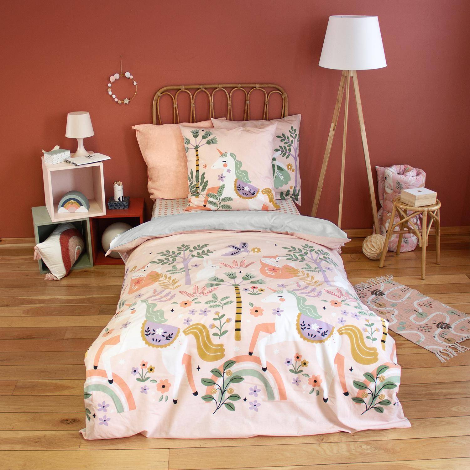 Jogo de cama de algodão reversível com estampa de unicórnio/bailarina, 1 lugar , Feerie, 200x140x1 cm,sweeek,Photo1