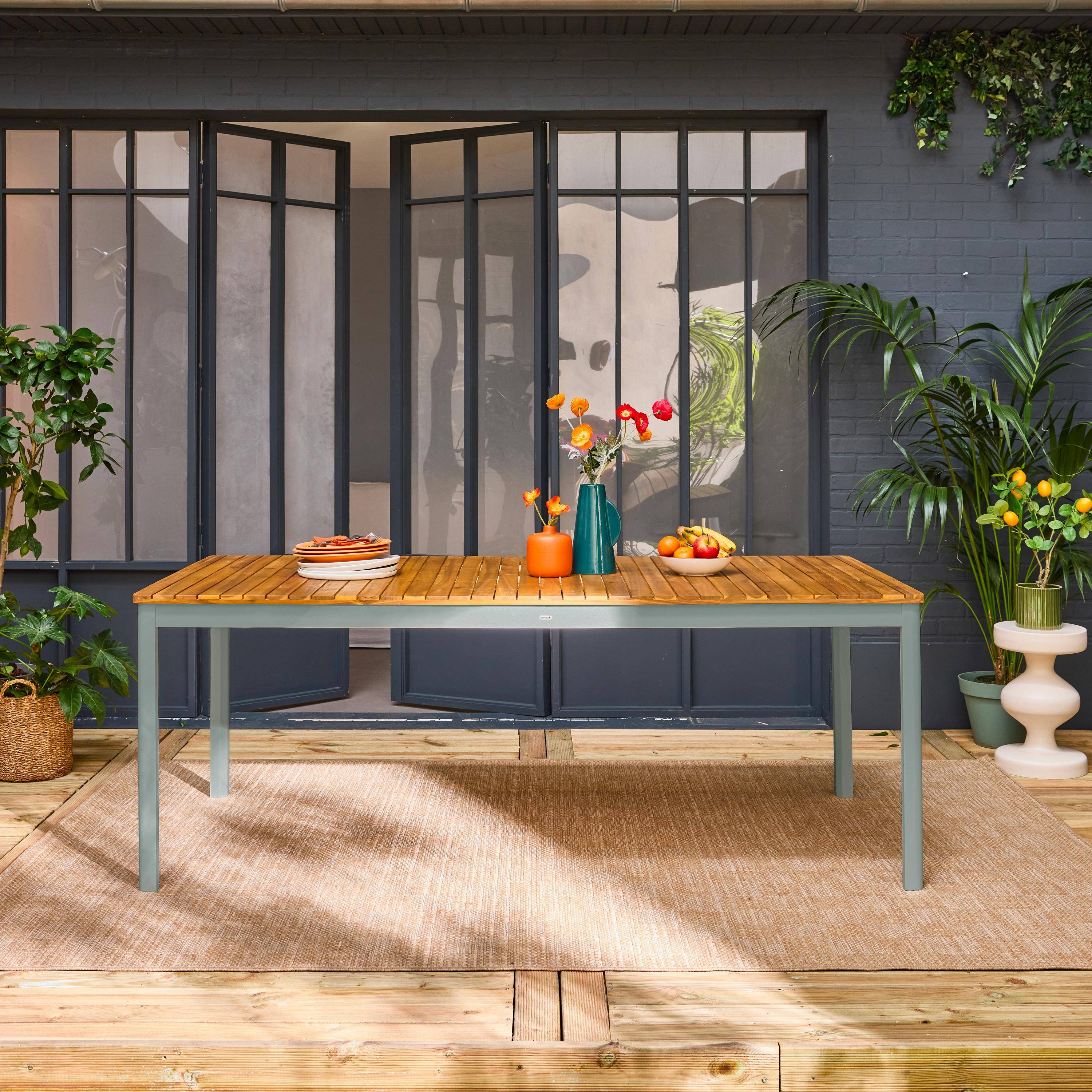 Mesa de jardín de acacia con esquinas redondeadas, 8 plazas, Senora 200cm, Verde kaki, 200x100x75 cm Photo1