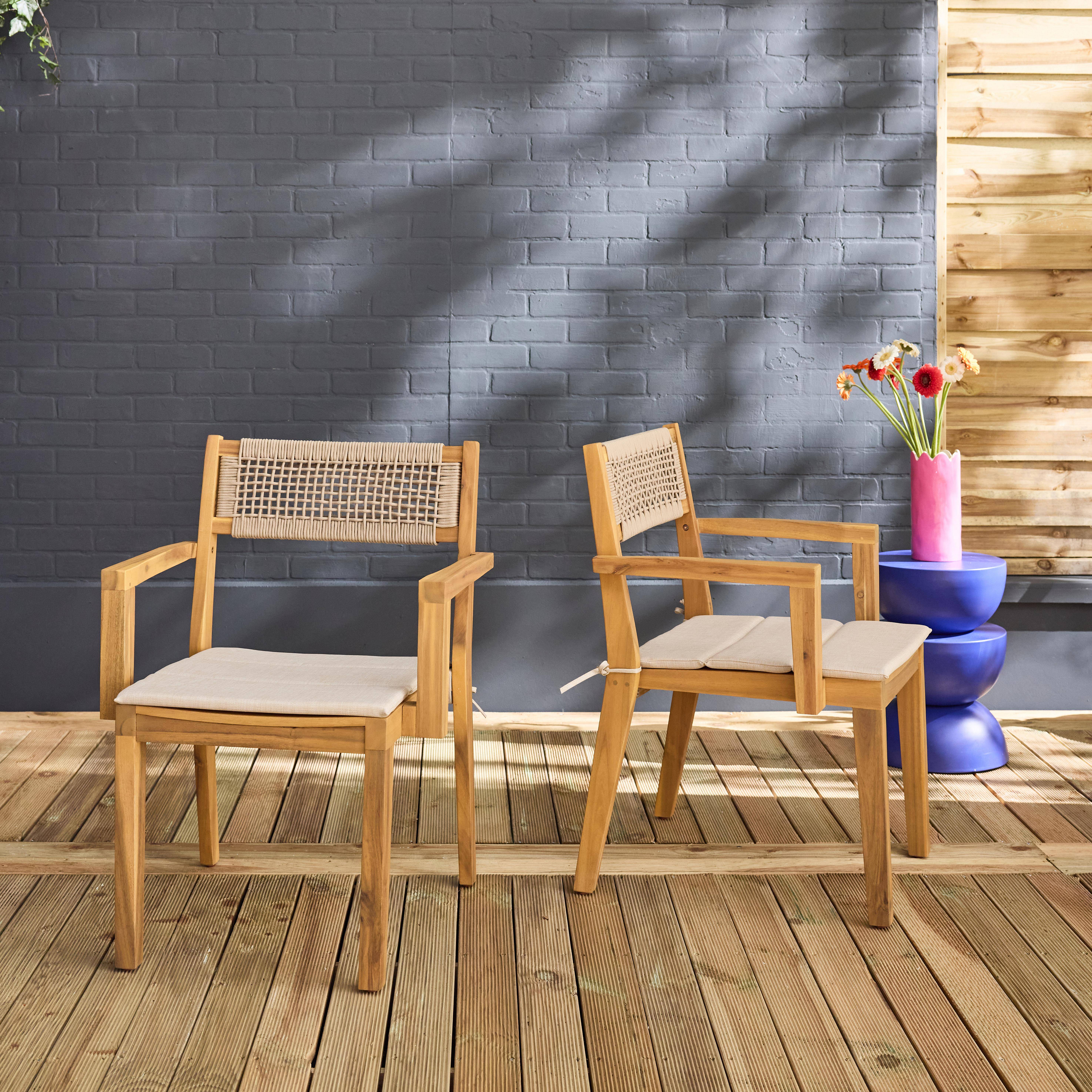Sillón de jardín de madera de acacia con cojín y cuerda, set de 2, Galena, Beige, 59x55x81 cm Photo2