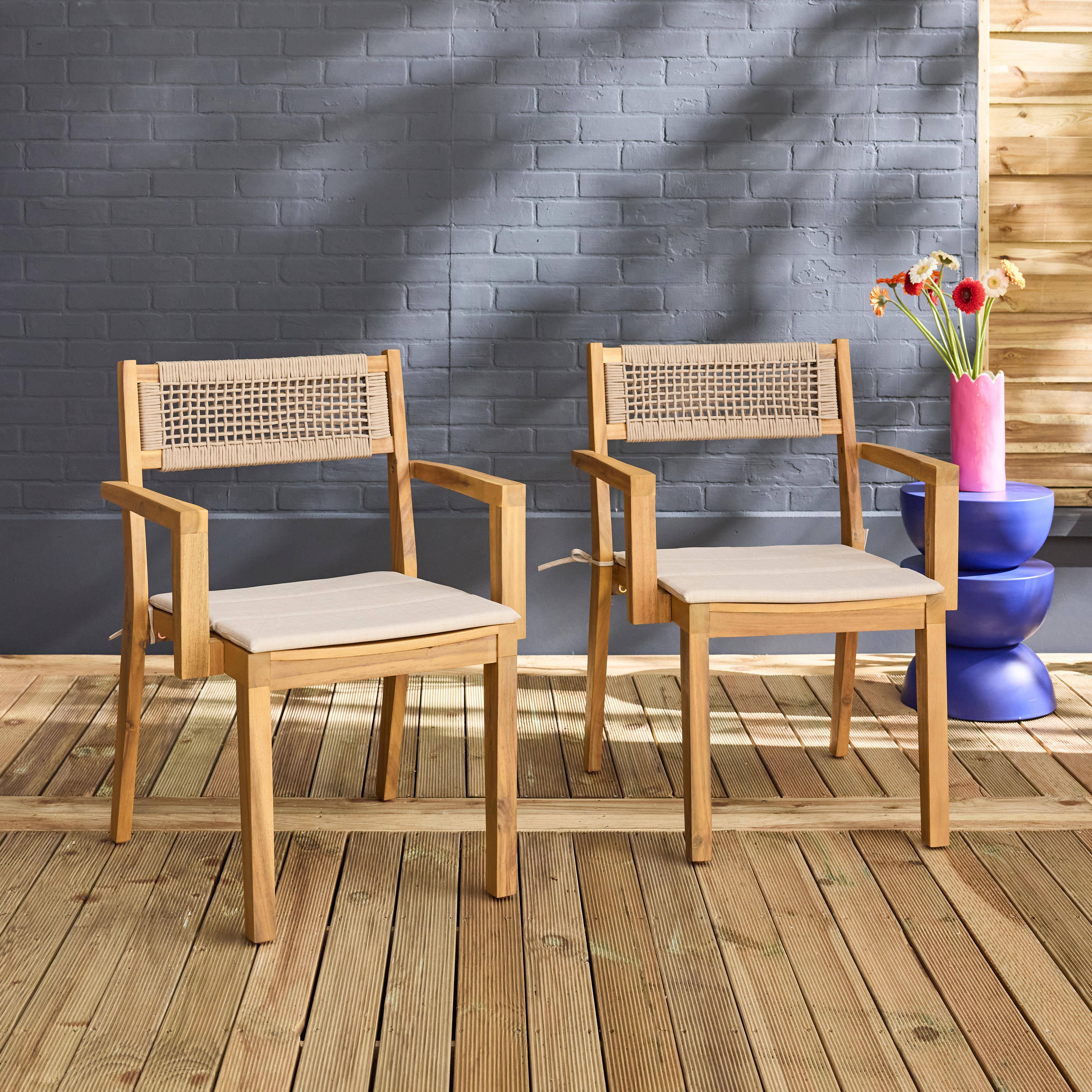 Sillón de jardín de madera de acacia con cojín y cuerda, set de 2, Galena, Beige, 59x55x81 cm Photo1