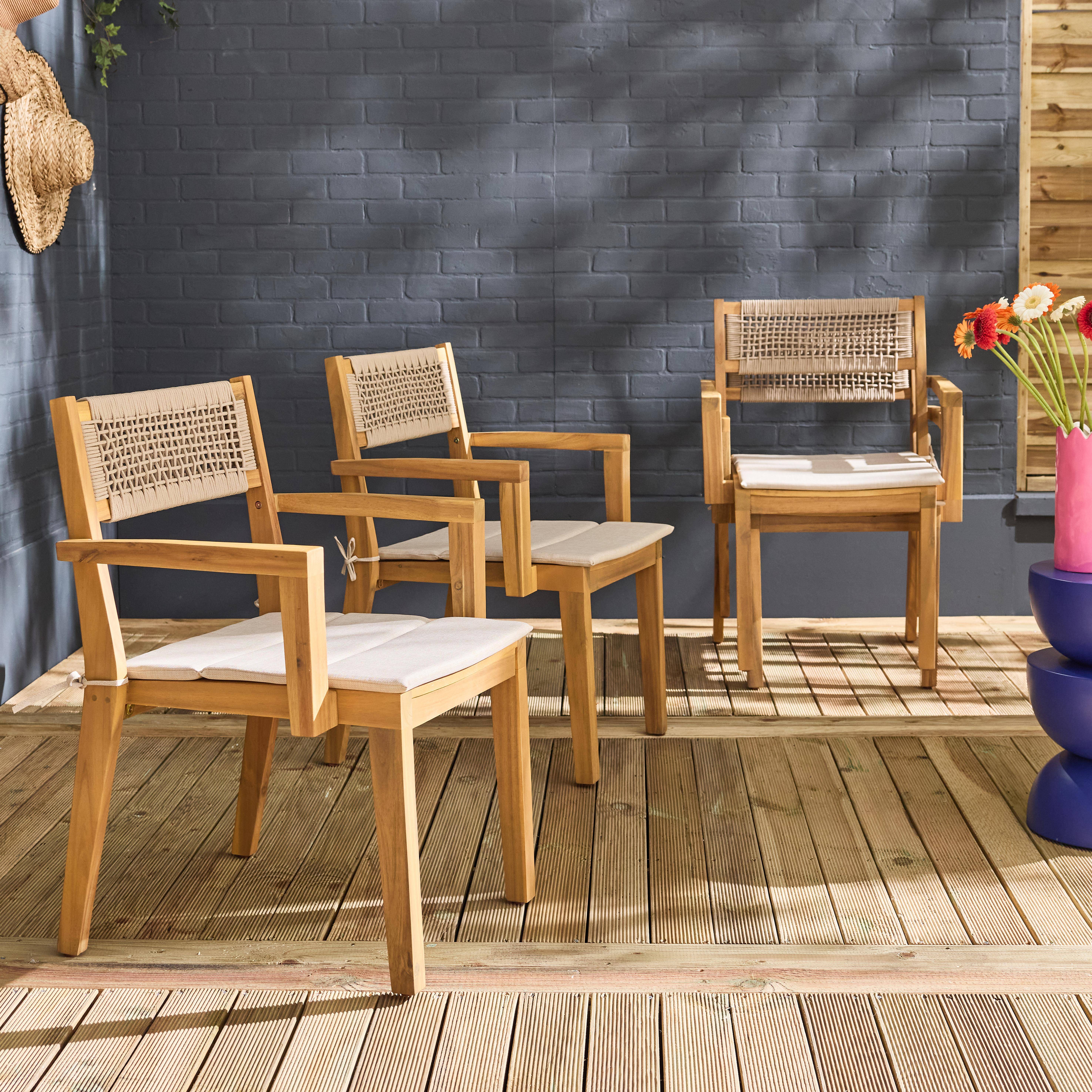 Cadeiras de jardim de madeira de acácia com almofada e corda, set de 4, Galena, Beige, 59x55x81 cm,sweeek,Photo3