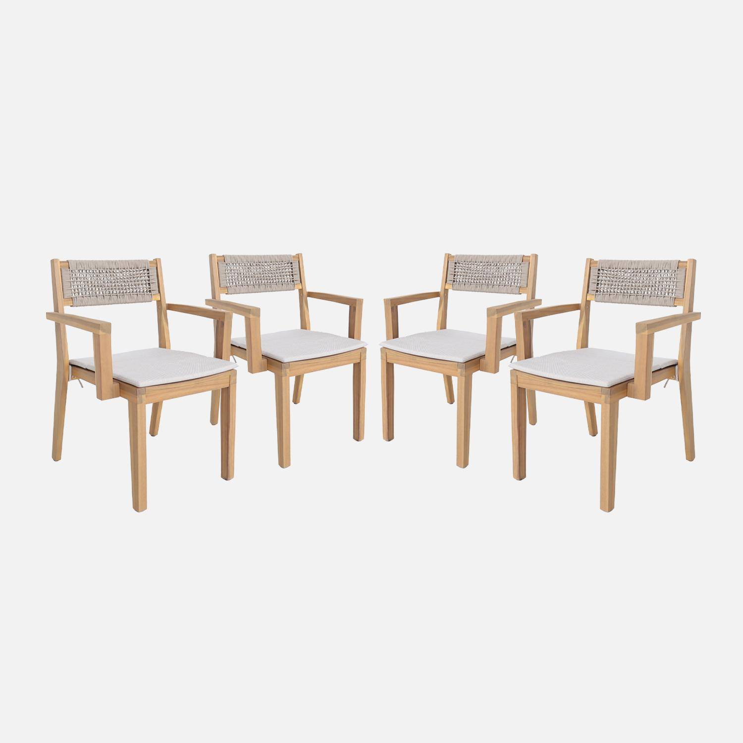 Lot de 4 fauteuils de jardin beige GALENA bois d'acacia avec coussin et corde, 59 x 55 x 81 cm Photo1