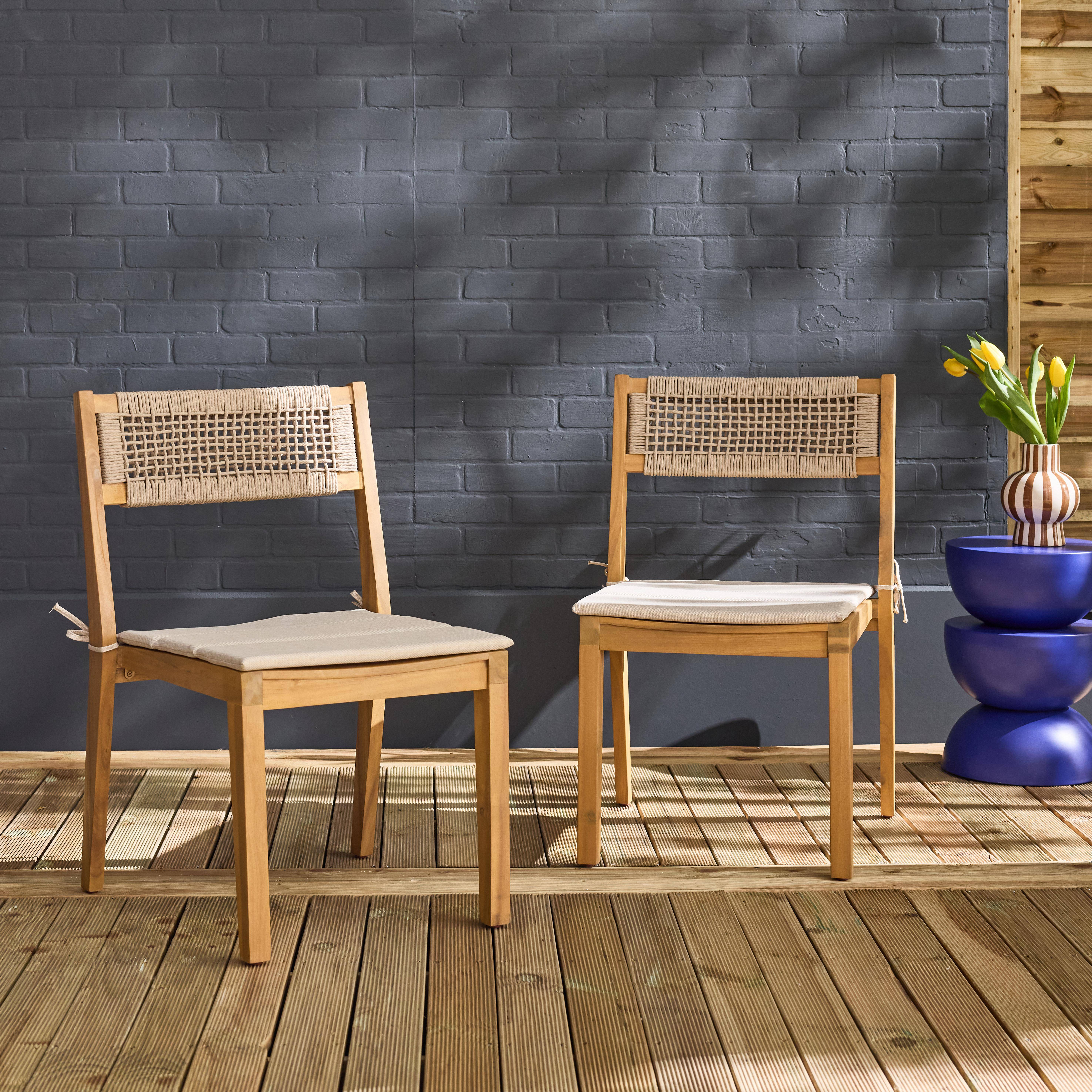Lot de 2 chaises de jardin beige GALENA bois d'acacia avec coussin et corde, 52 x 55 x 81 cm Photo1