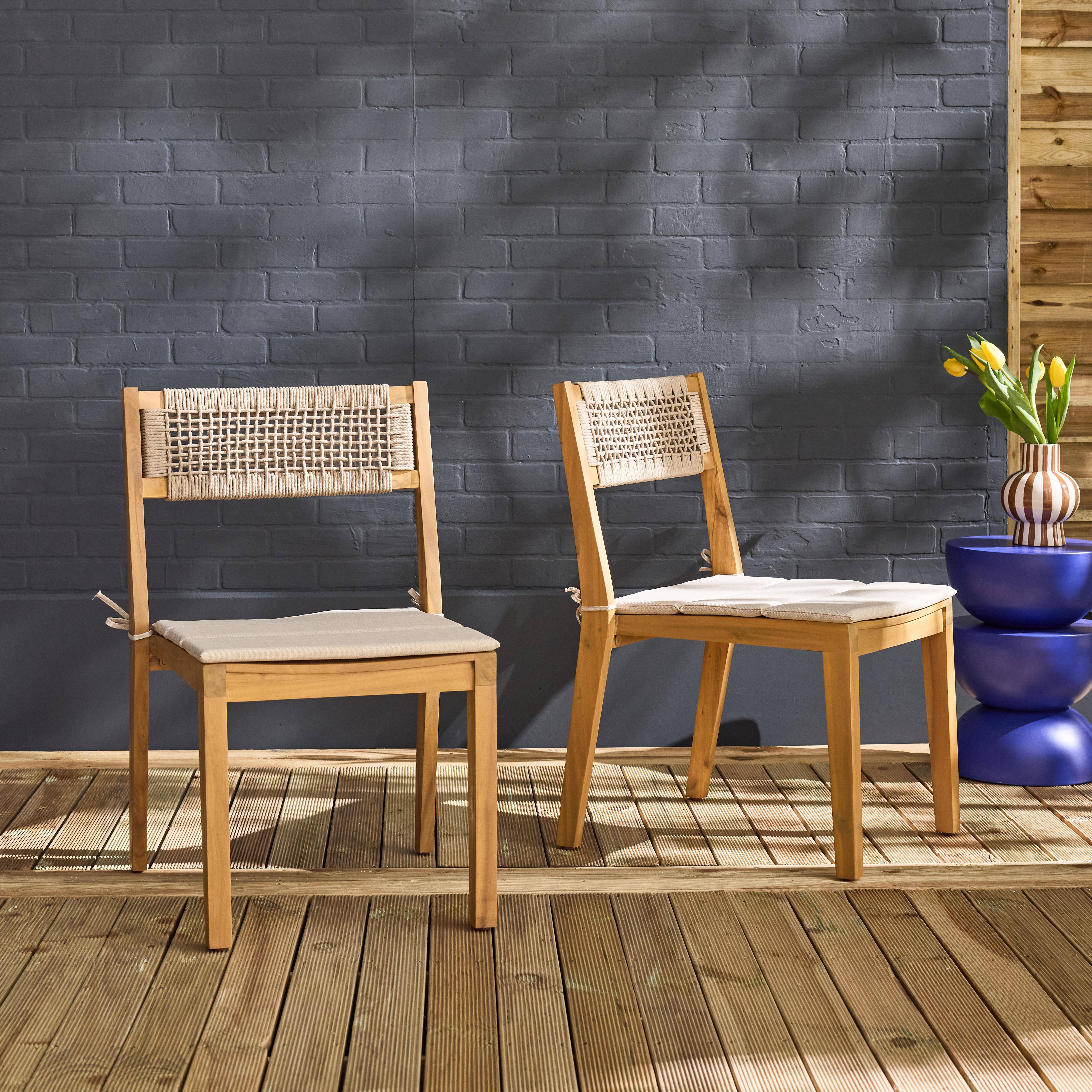 Lot de 2 chaises de jardin beige GALENA bois d'acacia avec coussin et corde, 52 x 55 x 81 cm Photo2
