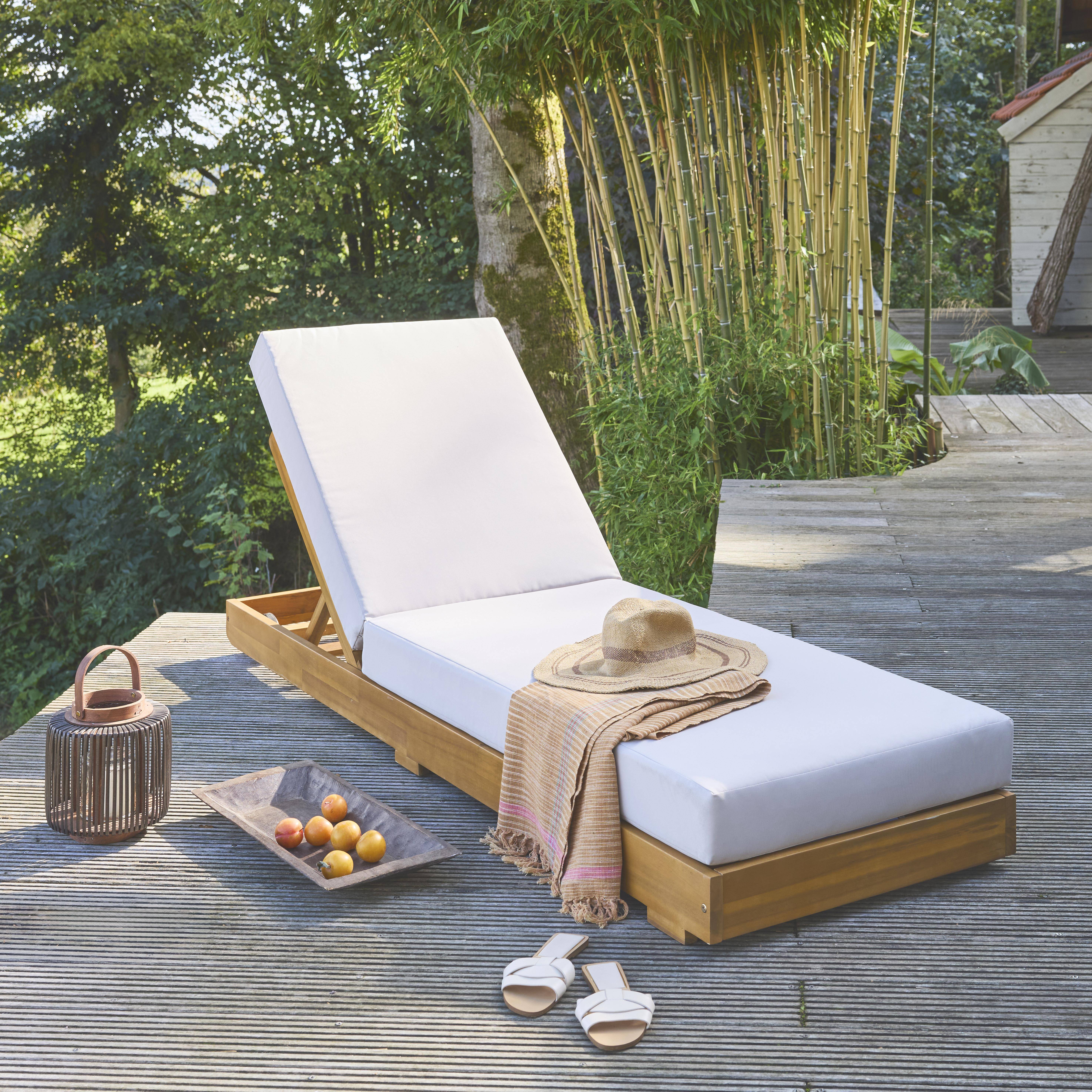 Acacia wood sun lounger with multi-position cushion, Dorina, Beige, 198x62x63.5 cm Photo1