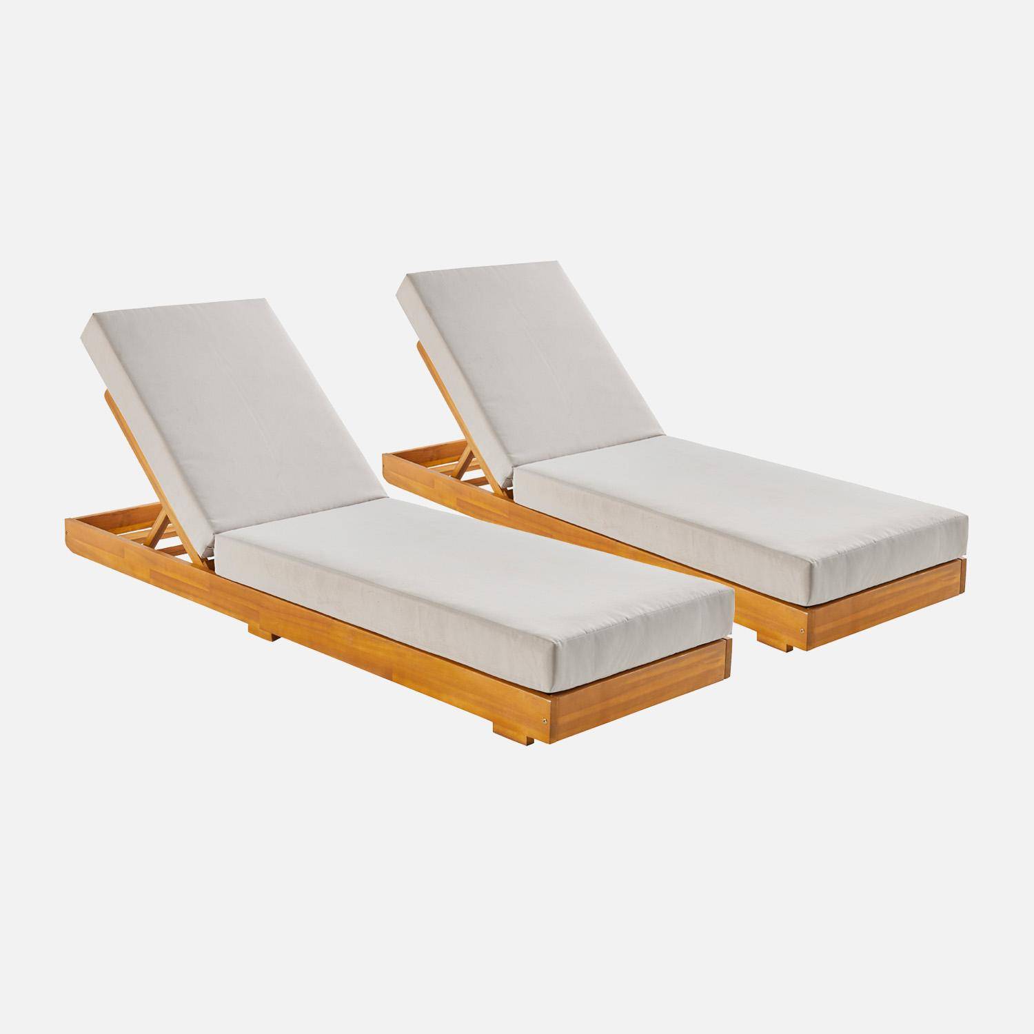 Set van 2 beige loungestoelen DORINA in acaciahout en polyester, 3 posities, afneembare hoes, 198 x 62 x 12 cm Photo5