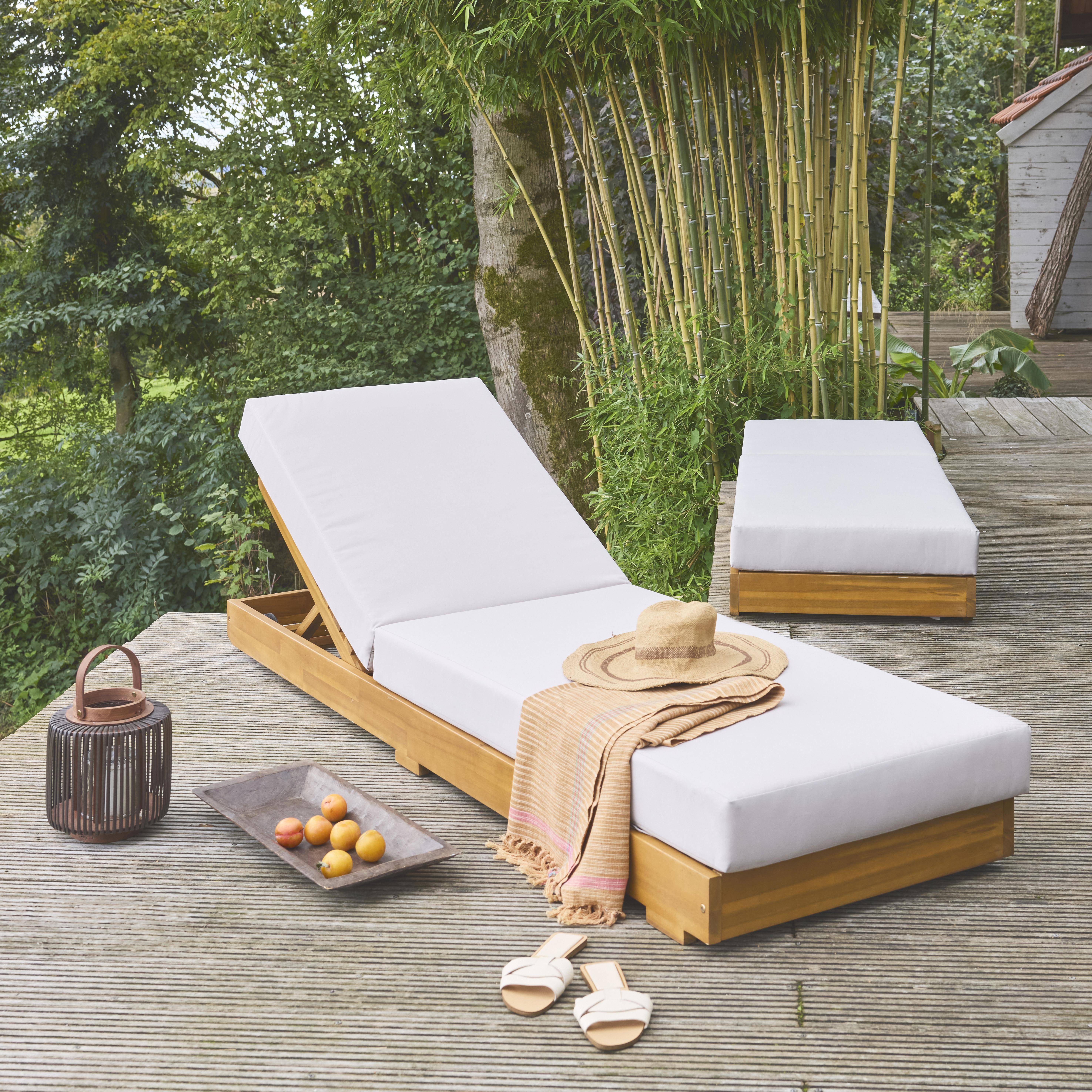 Set van 2 beige loungestoelen DORINA in acaciahout en polyester, 3 posities, afneembare hoes, 198 x 62 x 12 cm Photo1
