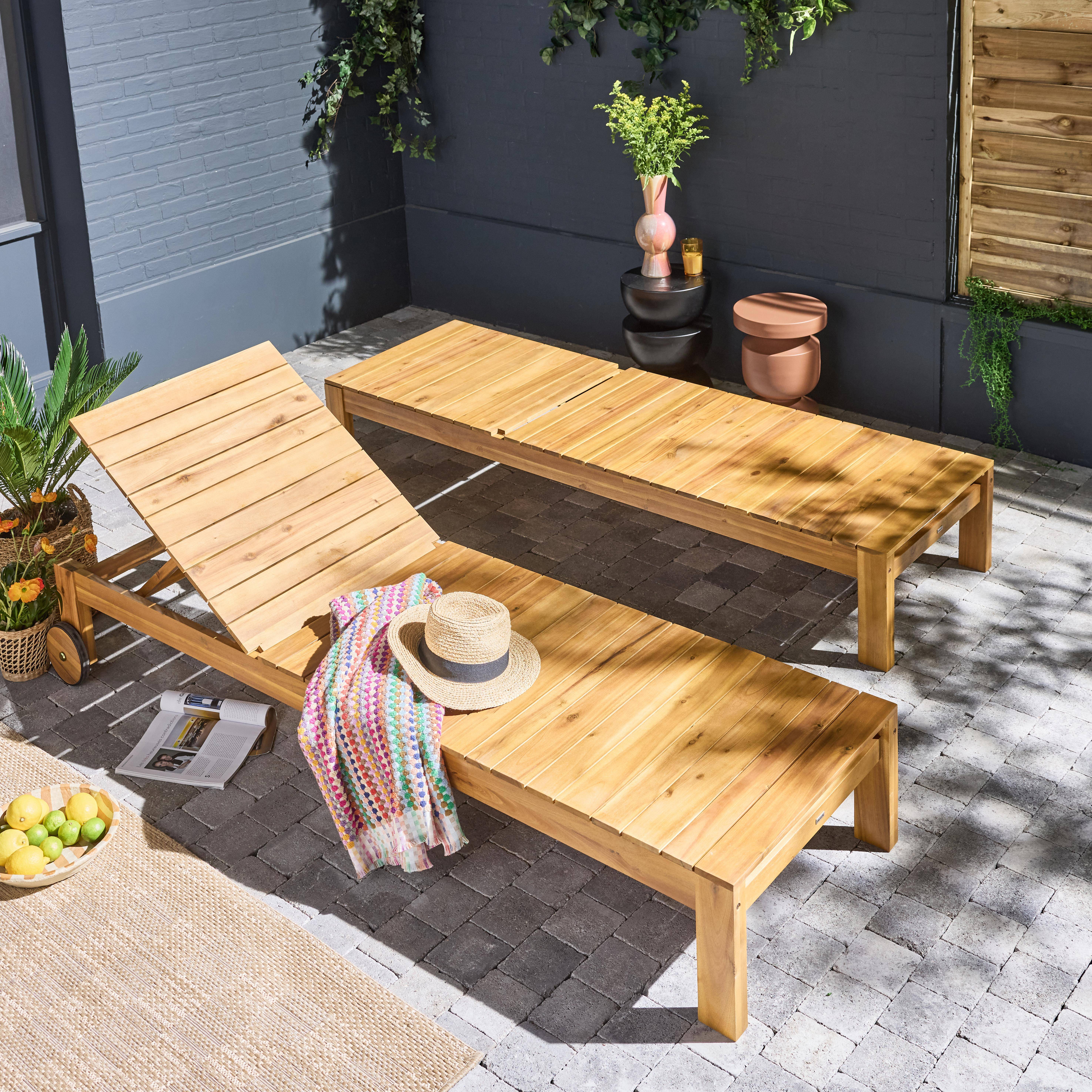 Set of 2 acacia wood sun loungers with wheels, Favona, Natural, 205x67.5x93.5 cm Photo2