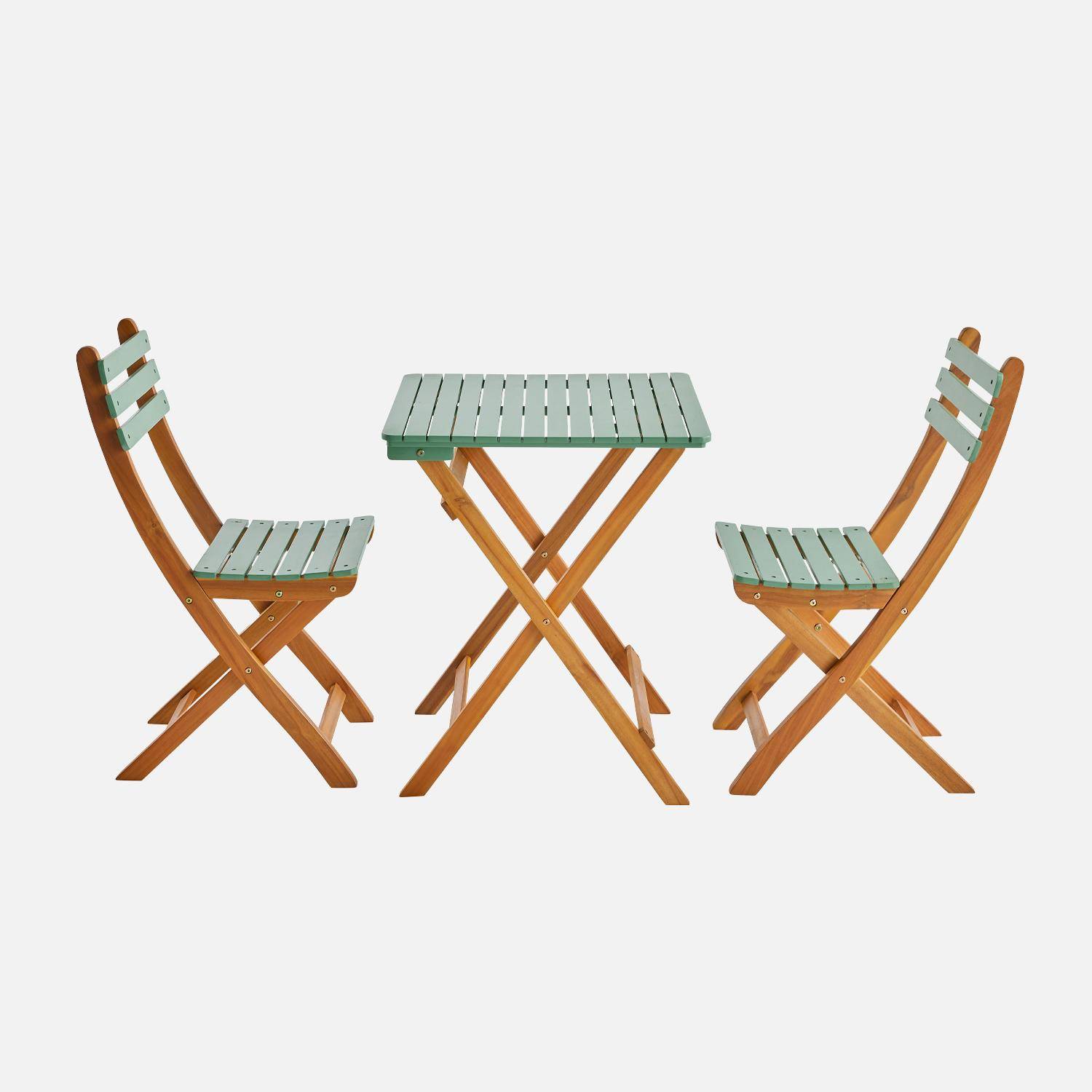 Mesa de jardim em madeira de acácia, 2 cadeiras dobráveis, Hilora, Verde cinzento, 60x60x8 cm Photo4
