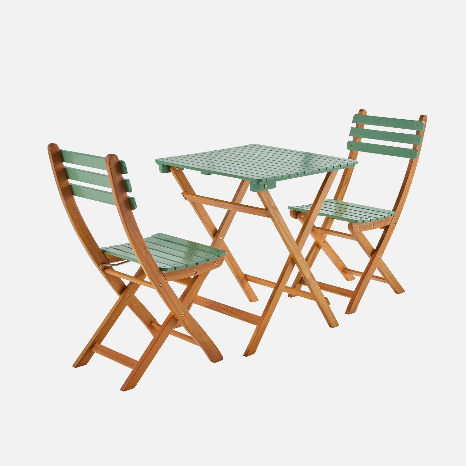 Mesa de jardim em madeira de acácia, 2 cadeiras dobráveis, Hilora, Verde cinzento, 60x60x8 cm Photo3