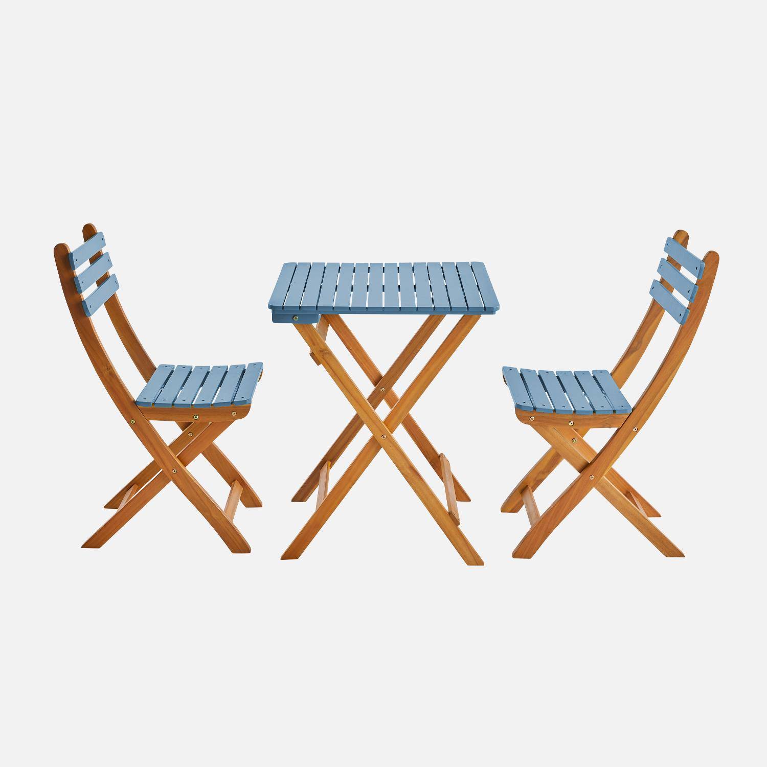 Table de jardin en bois d'acacia bleu, 2 chaises pliables HILORA , table carrée Photo4