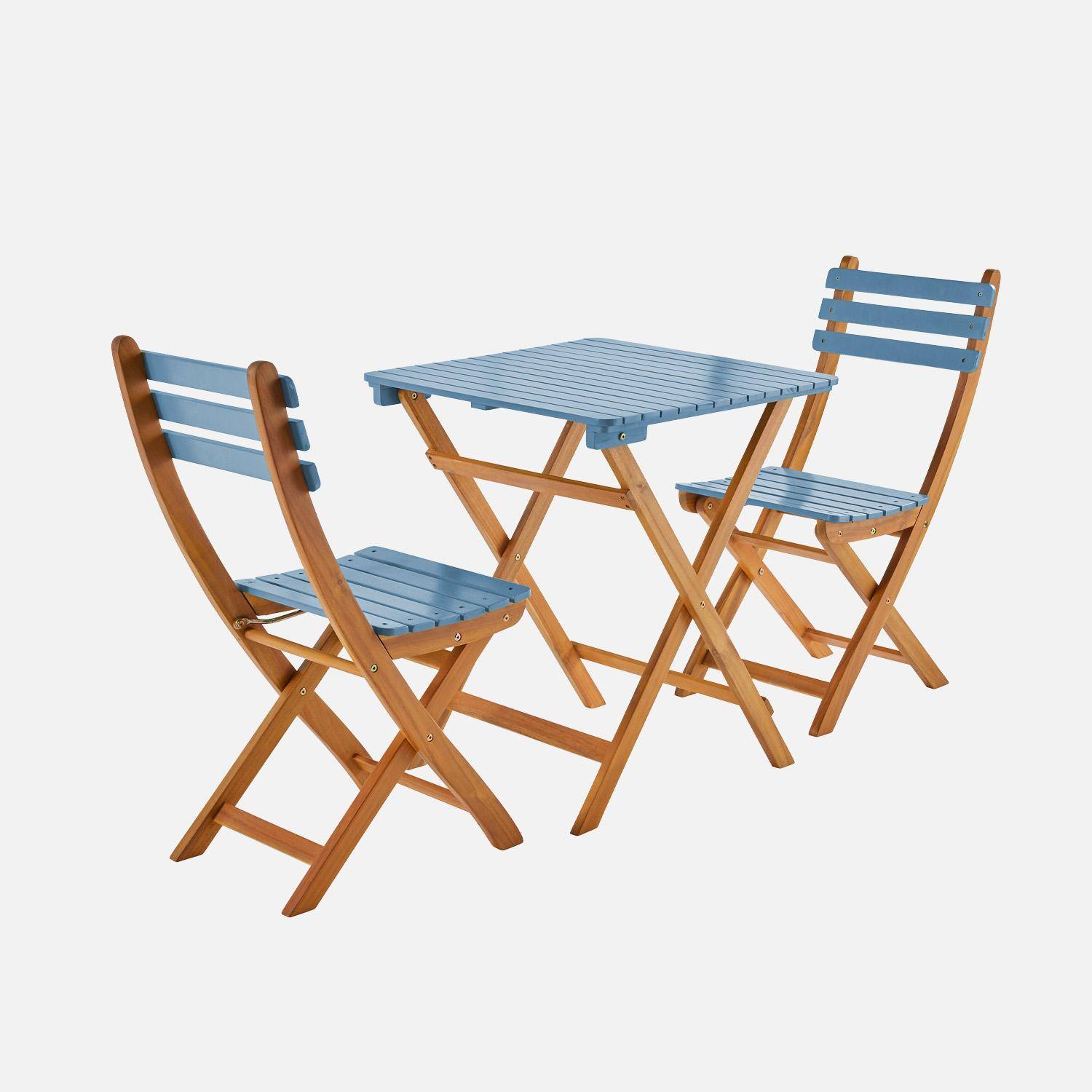 Acacia wood garden table, 2 folding chairs, Blue | sweeek