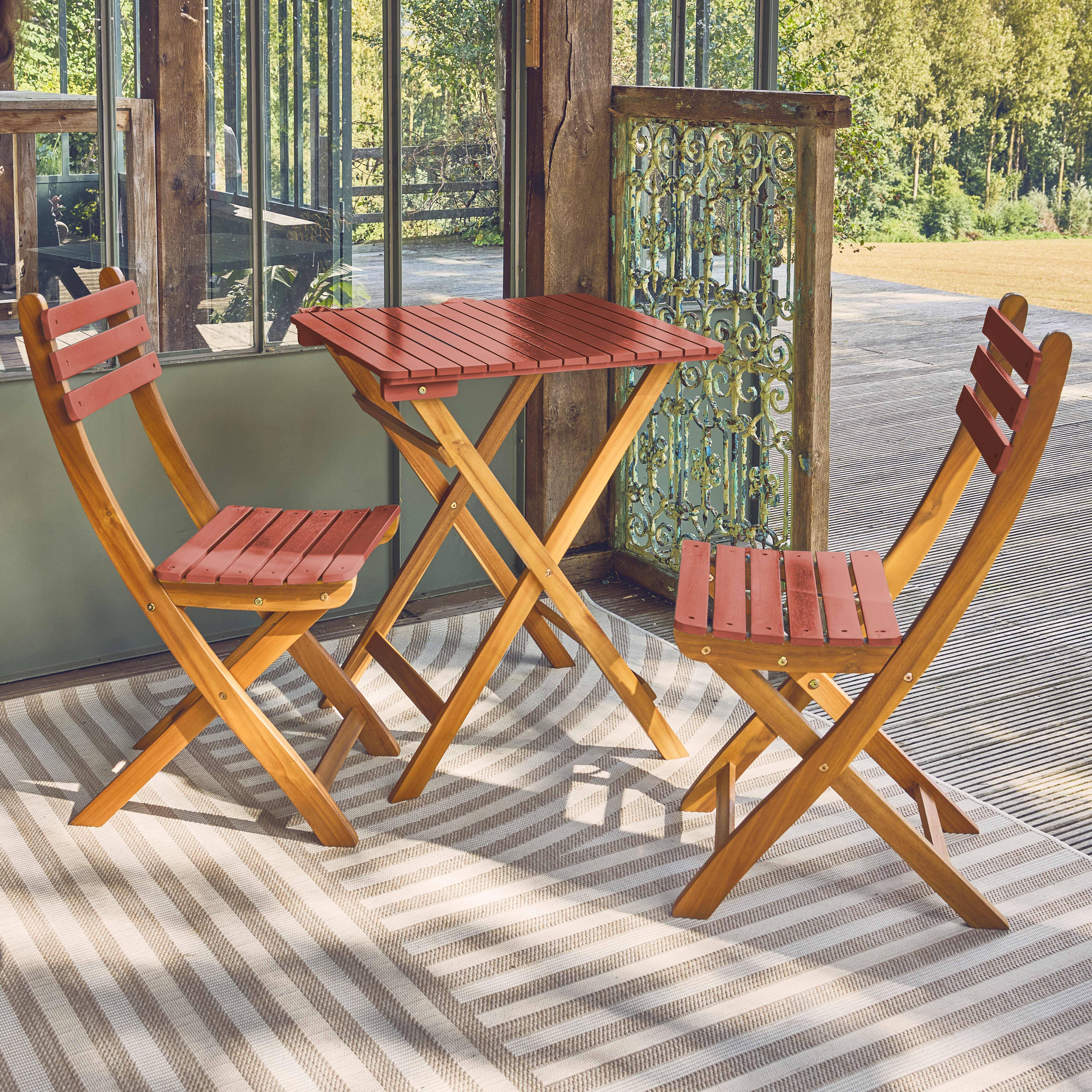Table de jardin en bois d'acacia terracotta, 2 chaises pliables HILORA , table carrée Photo1