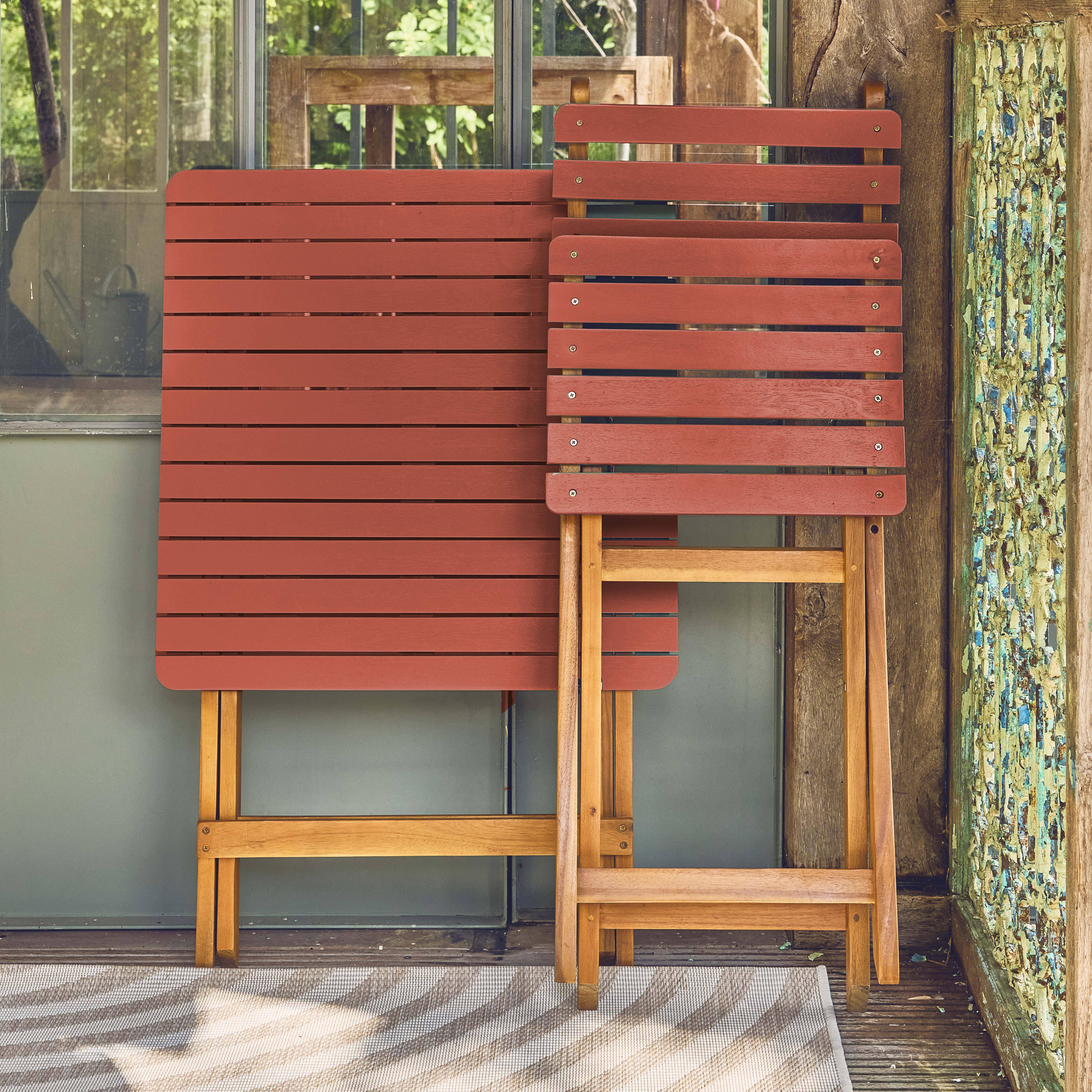 Table de jardin en bois d'acacia terracotta, 2 chaises pliables HILORA , table carrée Photo2