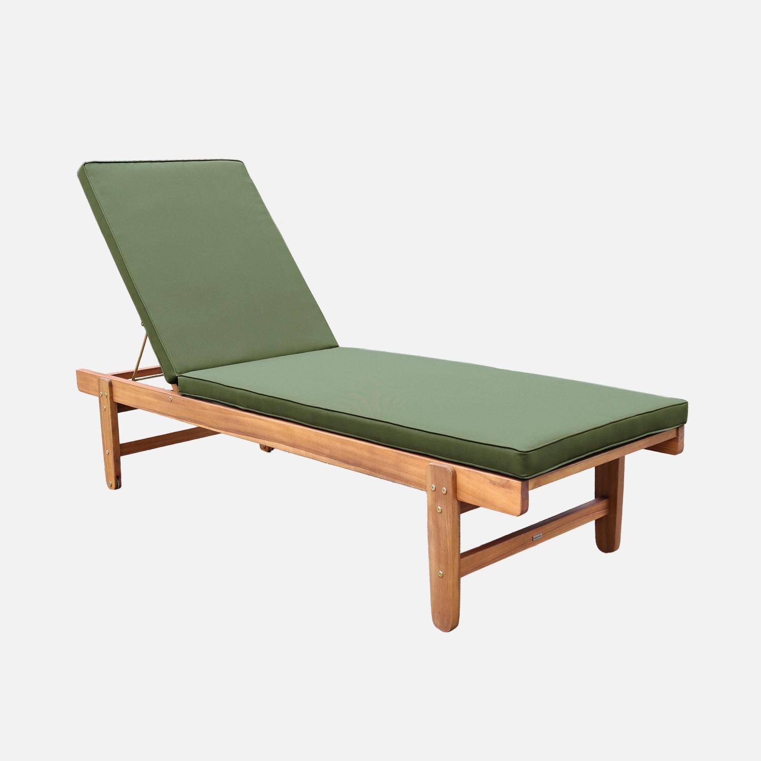 Set van 2 Acacia ligstoelen - Arequipa - Ligstoelen met kaki kussens en wielen, multi-positioneel Photo4