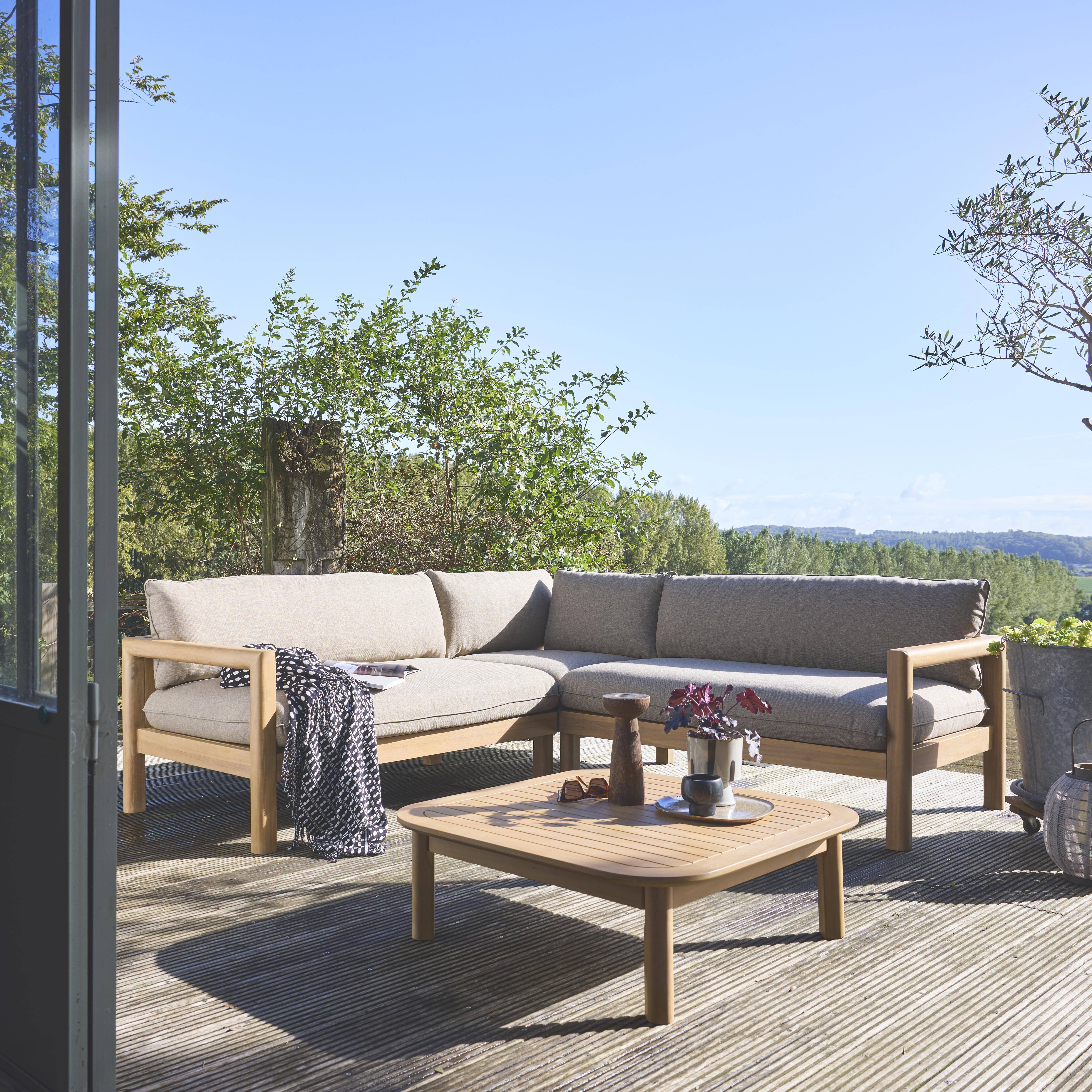 Salon de jardin d'angle en acacia 5 places beige BURGOS, table carrée ,sweeek,Photo2